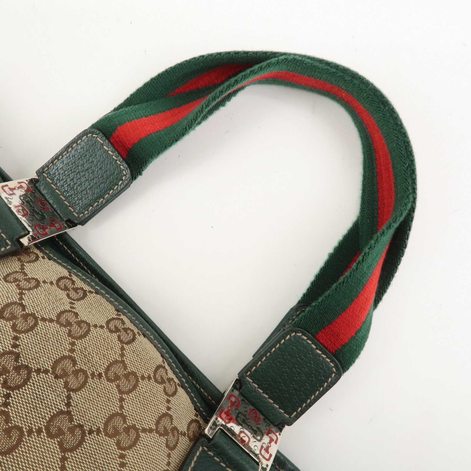 GUCCI Sherry GG Canvas Leather Hand Bag Brown Green 145810