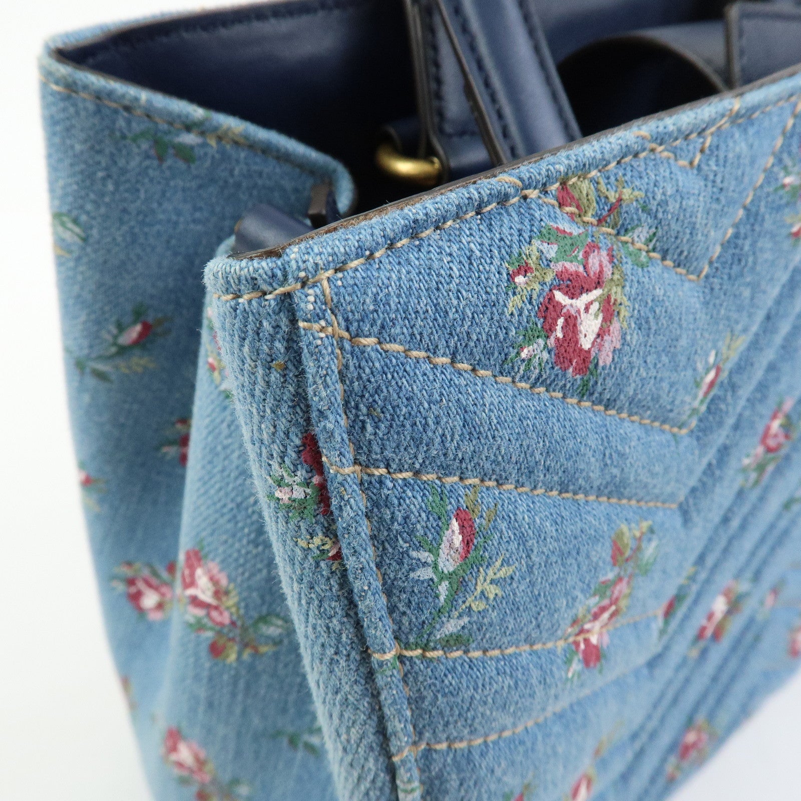 GUCCI GG Marmont Denim Leather 2Way Bag Flower Motif Navy 448054