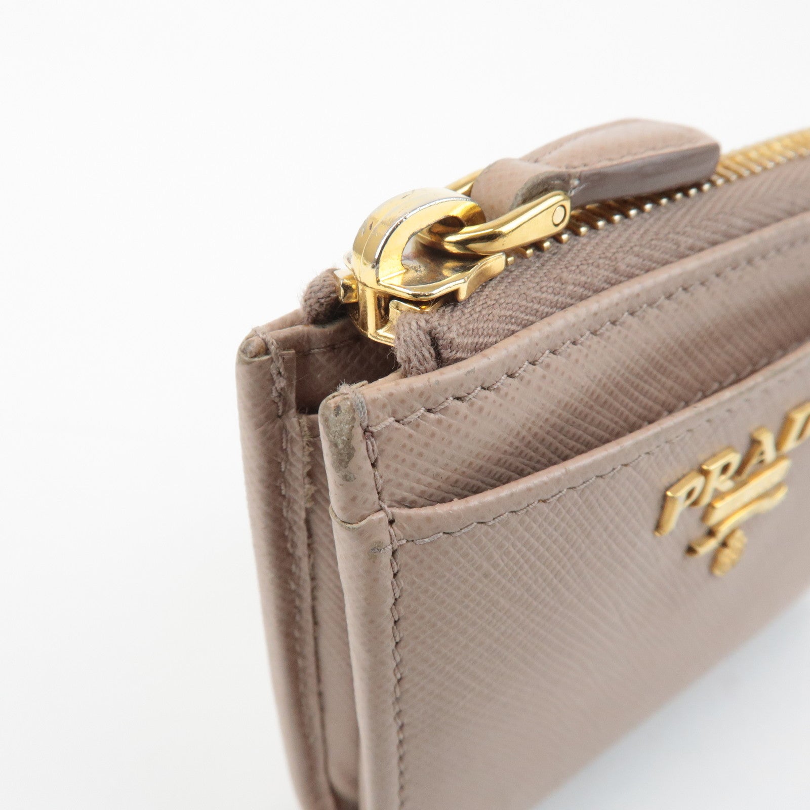 PRADA Logo Saffiano Leather Zippy Coin Case Pink Beige 1ML025 Used