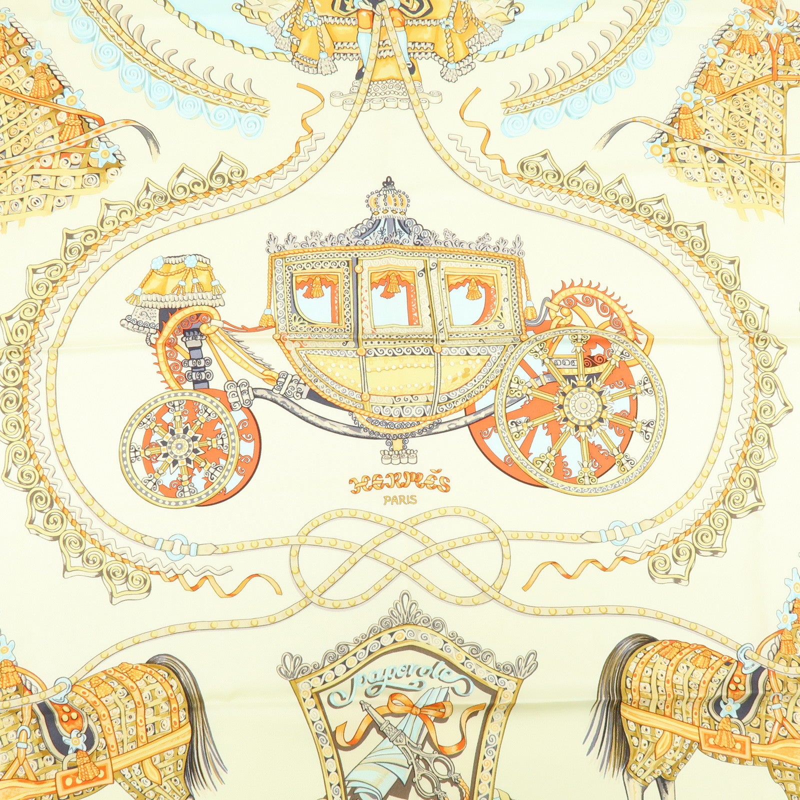 HERMES Carre 90 Silk 100% PAPEROLLES Scarf Light Blue Ivory