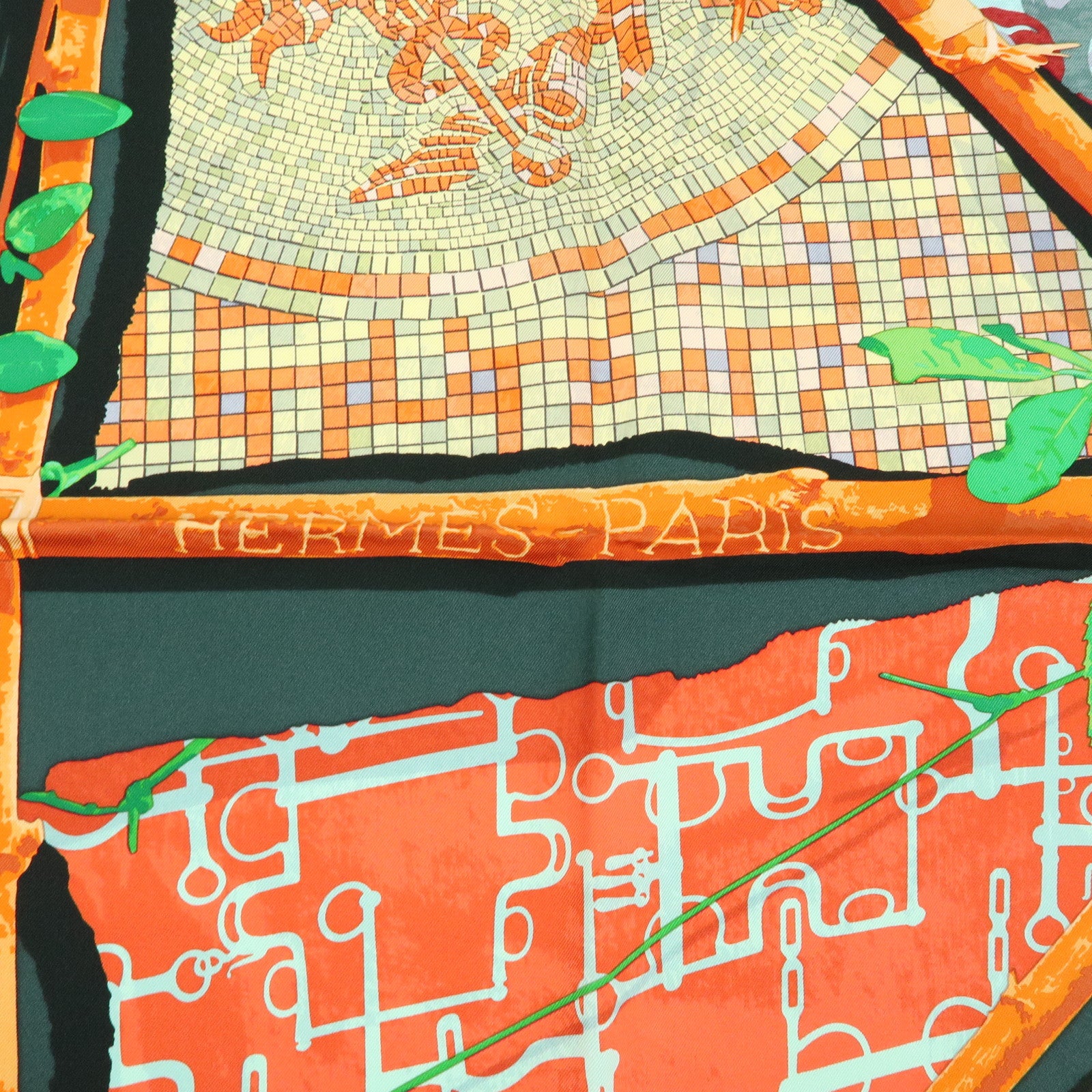 HERMES Carre 90 Silk 100% Scarf LE ROBINSON CHIC Green Brown