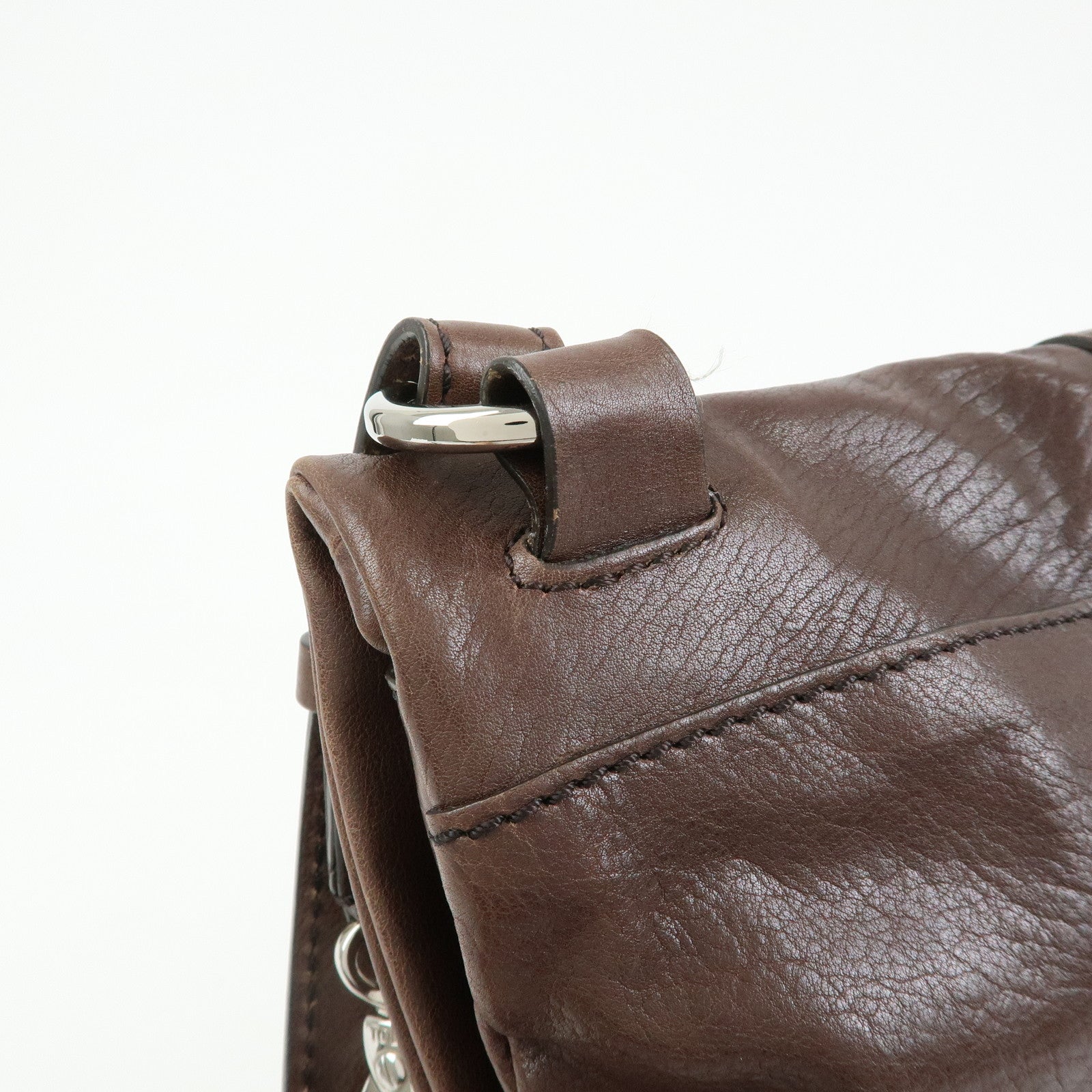 TOD'S Leather Belt Accent Flap Shoulder Bag Crossbody Bag Brown