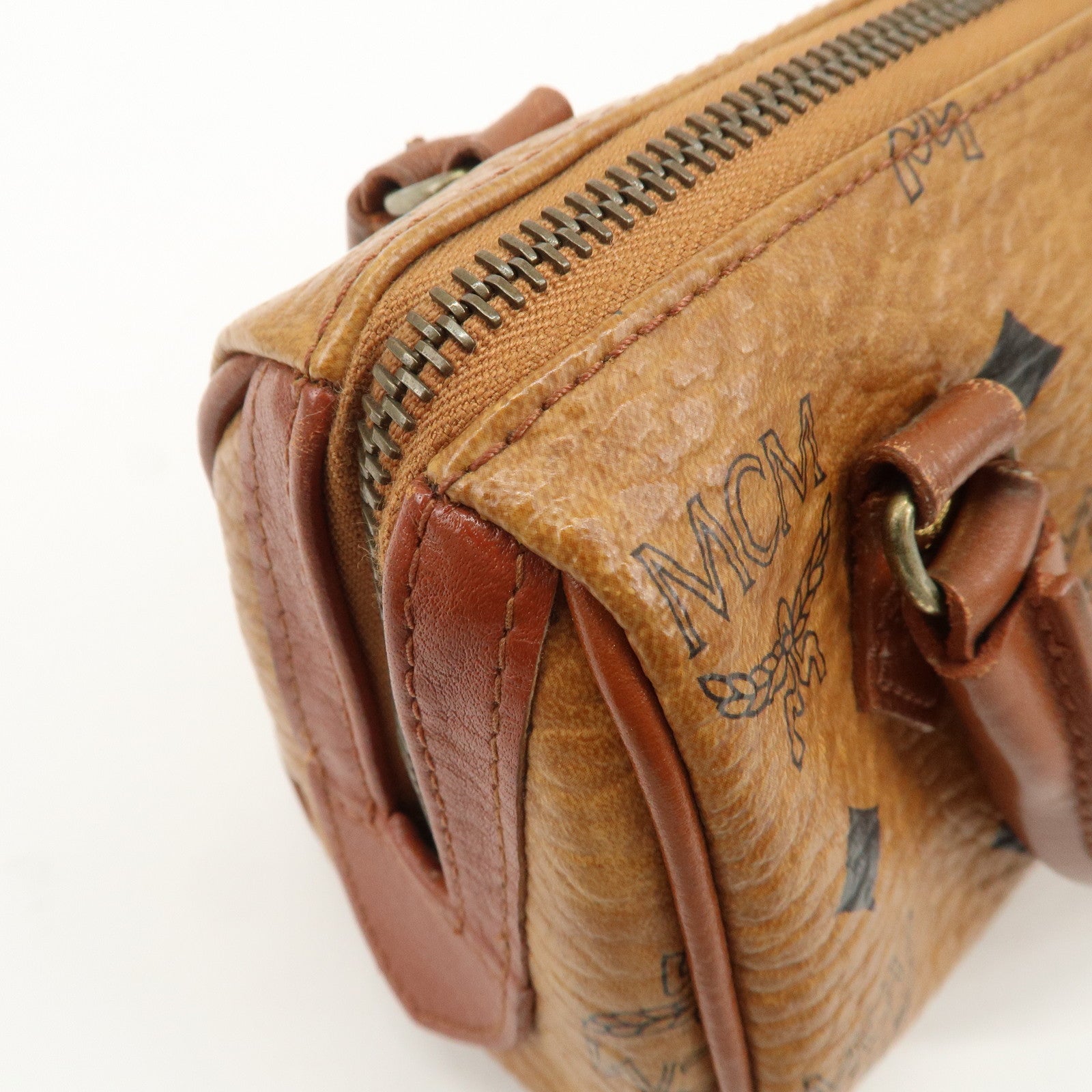 MCM Visetos Leather 2Way Bag Mini Boston Bag Shoulder Bag Brown