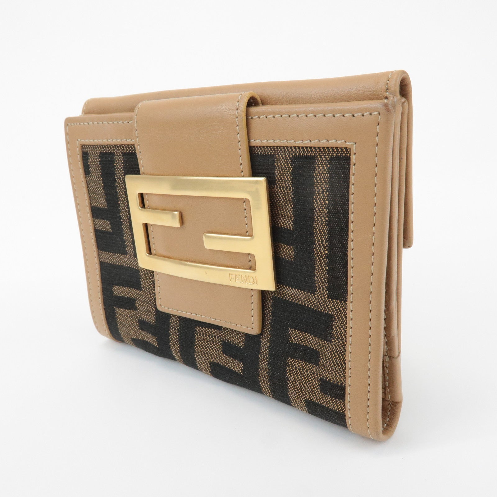 FENDI Zucca Leather Canvas Double Hook Bi Fold Wallet Beige 8M0035 Used