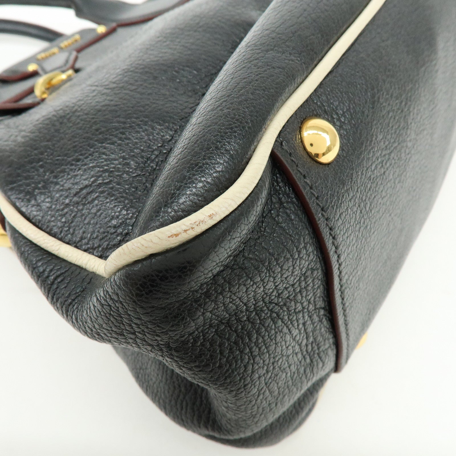 MIU MIU Logo Madras Leather 2Way Bag Hand Bag Shoulder Bag Black