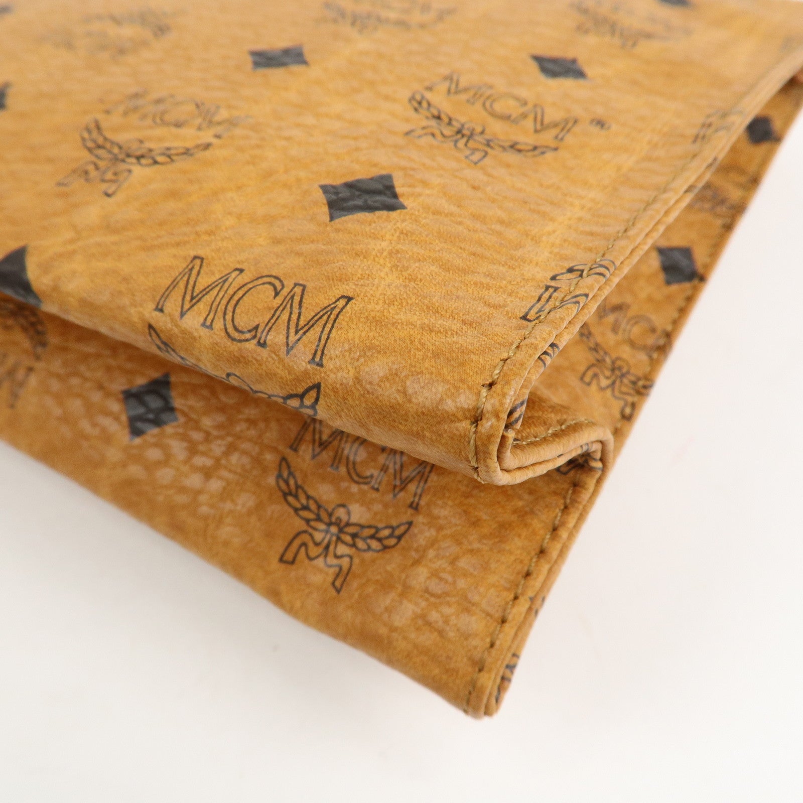 MCM Visetos Leather Clutch Bag Brown Gold Hardware