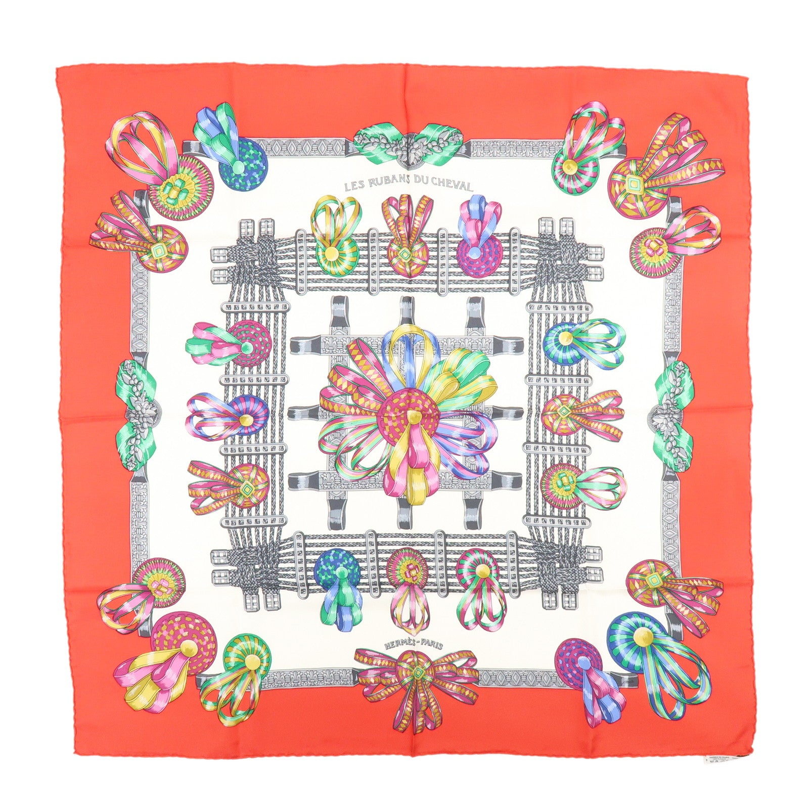 HERMES Carre 90 Silk 100% LES RUBANS DU CHEVAL Scarf White Red