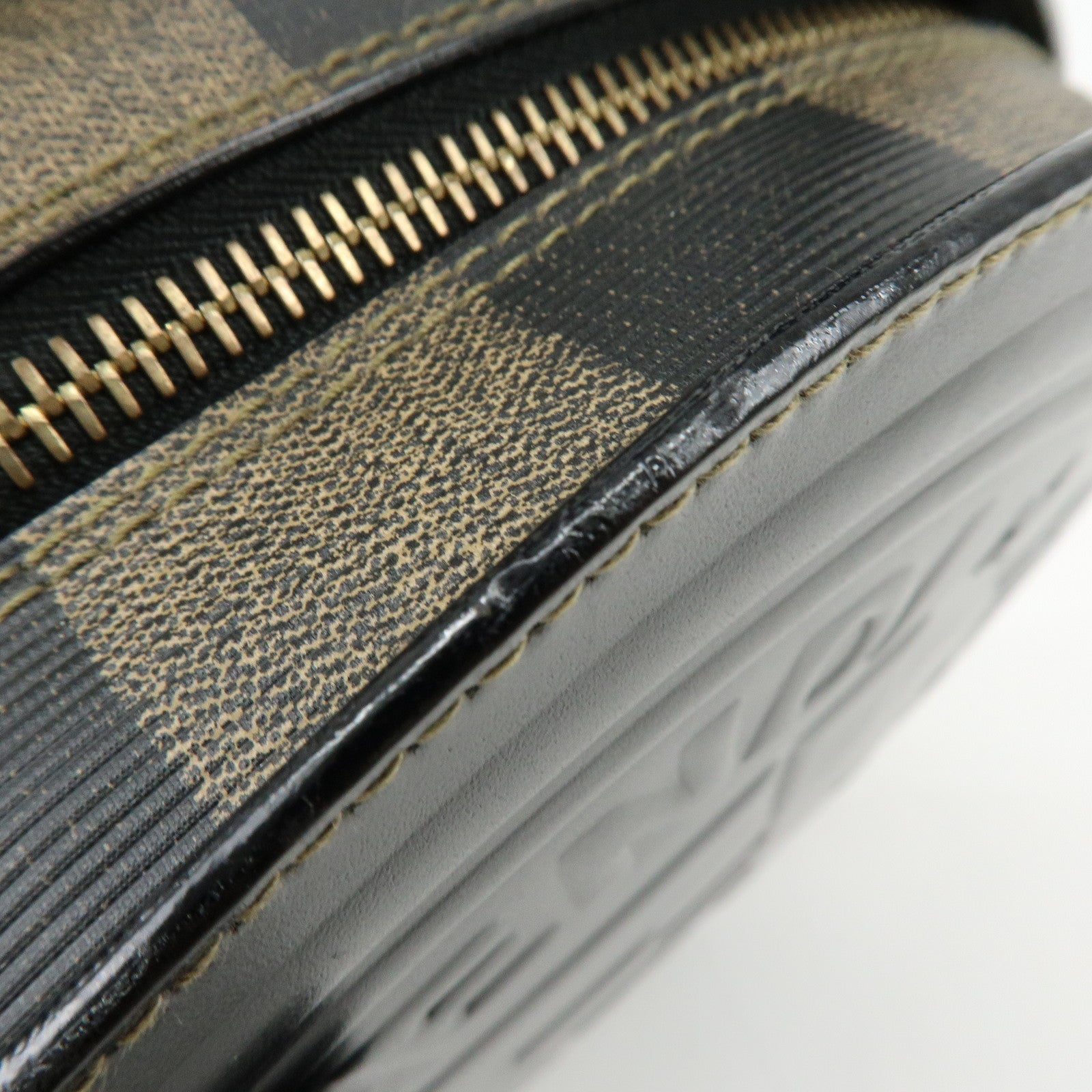 FENDI Leather PVC Round Shoulder Bag Checker Pattern Black Brown