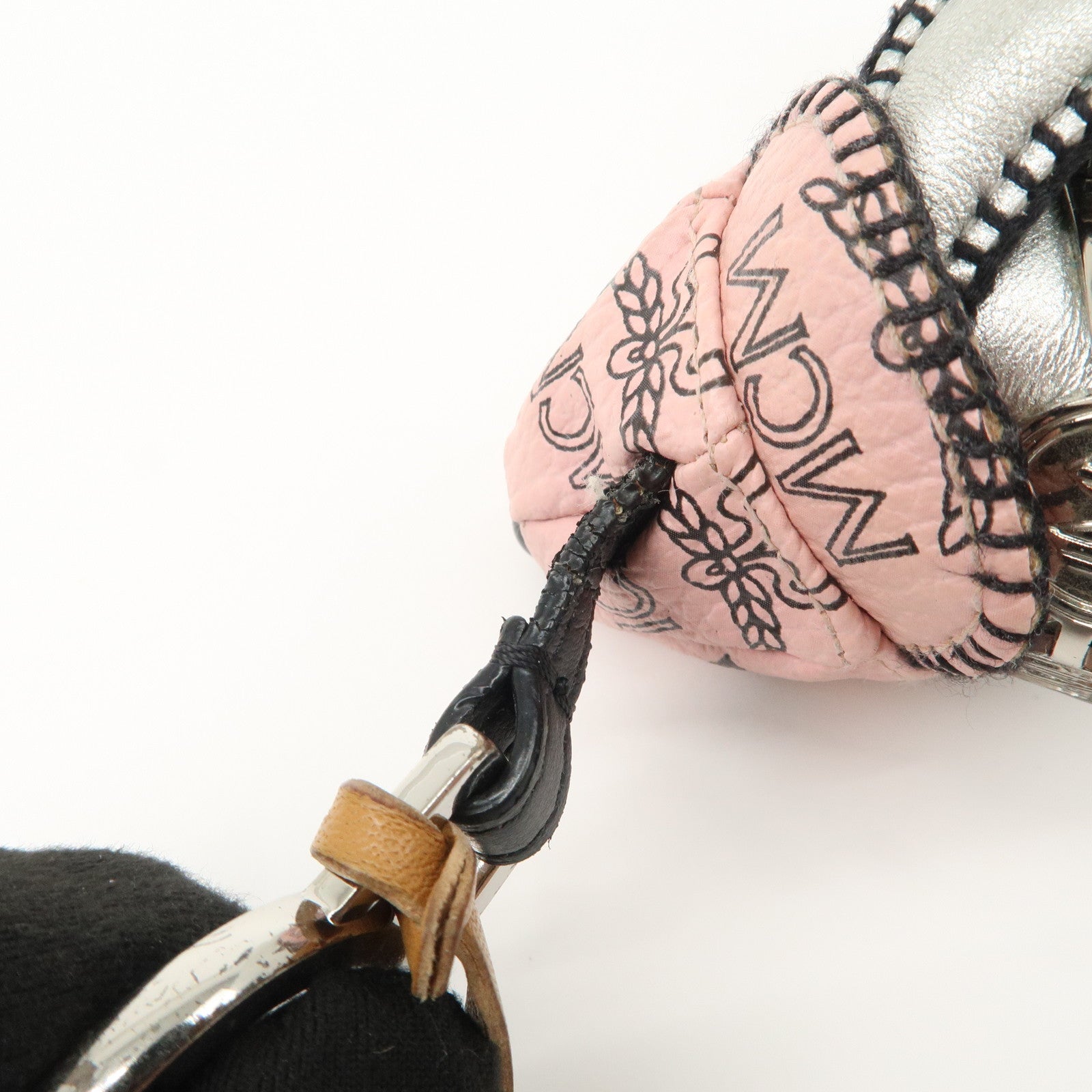 MCM Dog Motif Leather Bag Charm Key Chain Silver Pink