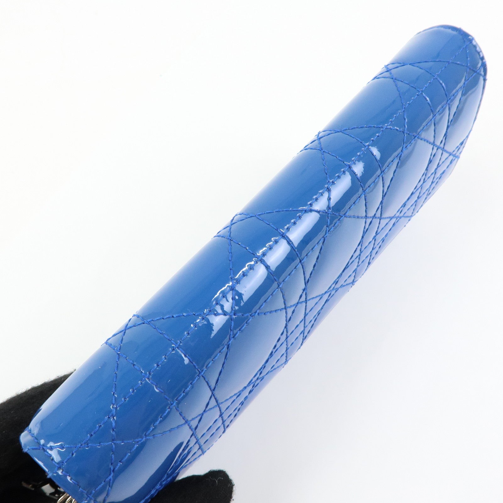 Christian Dior Cannage Patent Leather Chain Wallet WOC Blue Silver