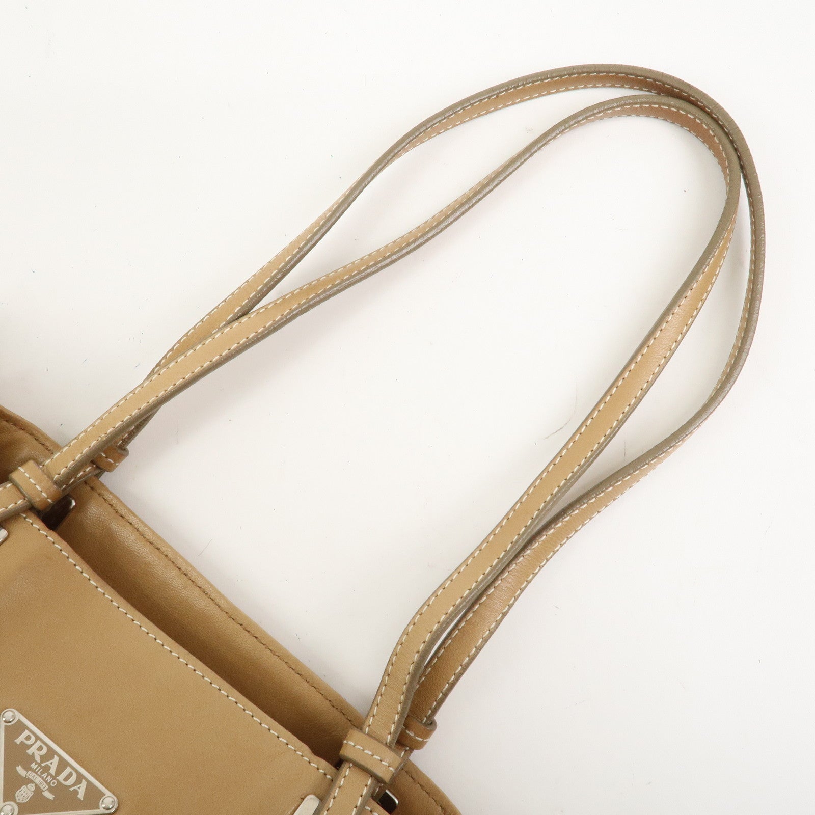 PRADA Triangle Logo Lambskin Tote Bag Shoulder Bag Beige BR1566