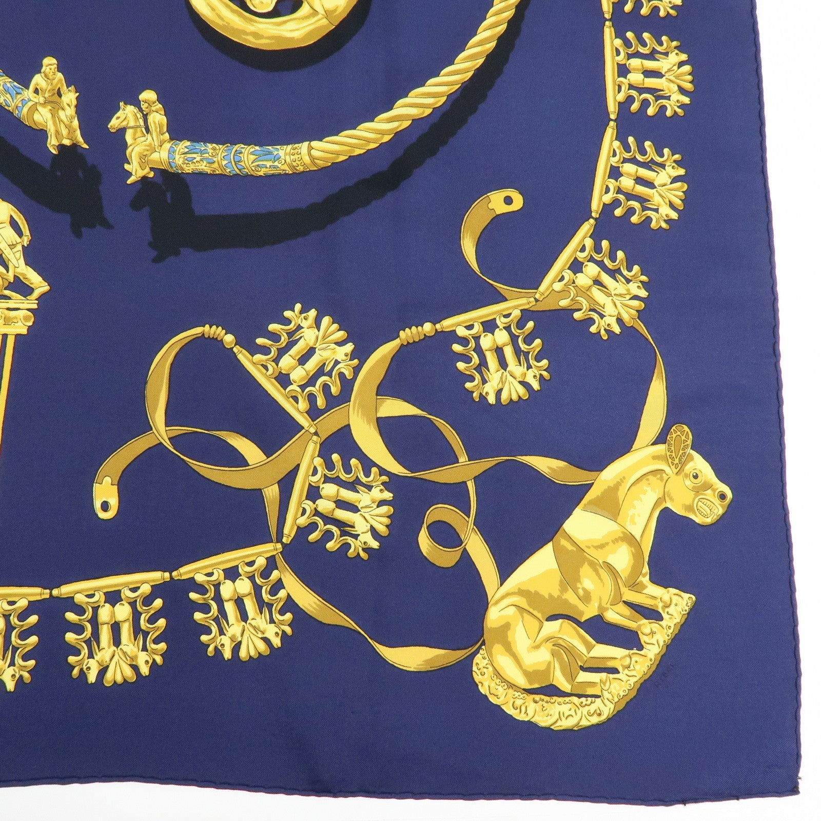HERMES Carre 90 Silk 100% Scarf LES CAVALIERS D'OR Navy Yellow