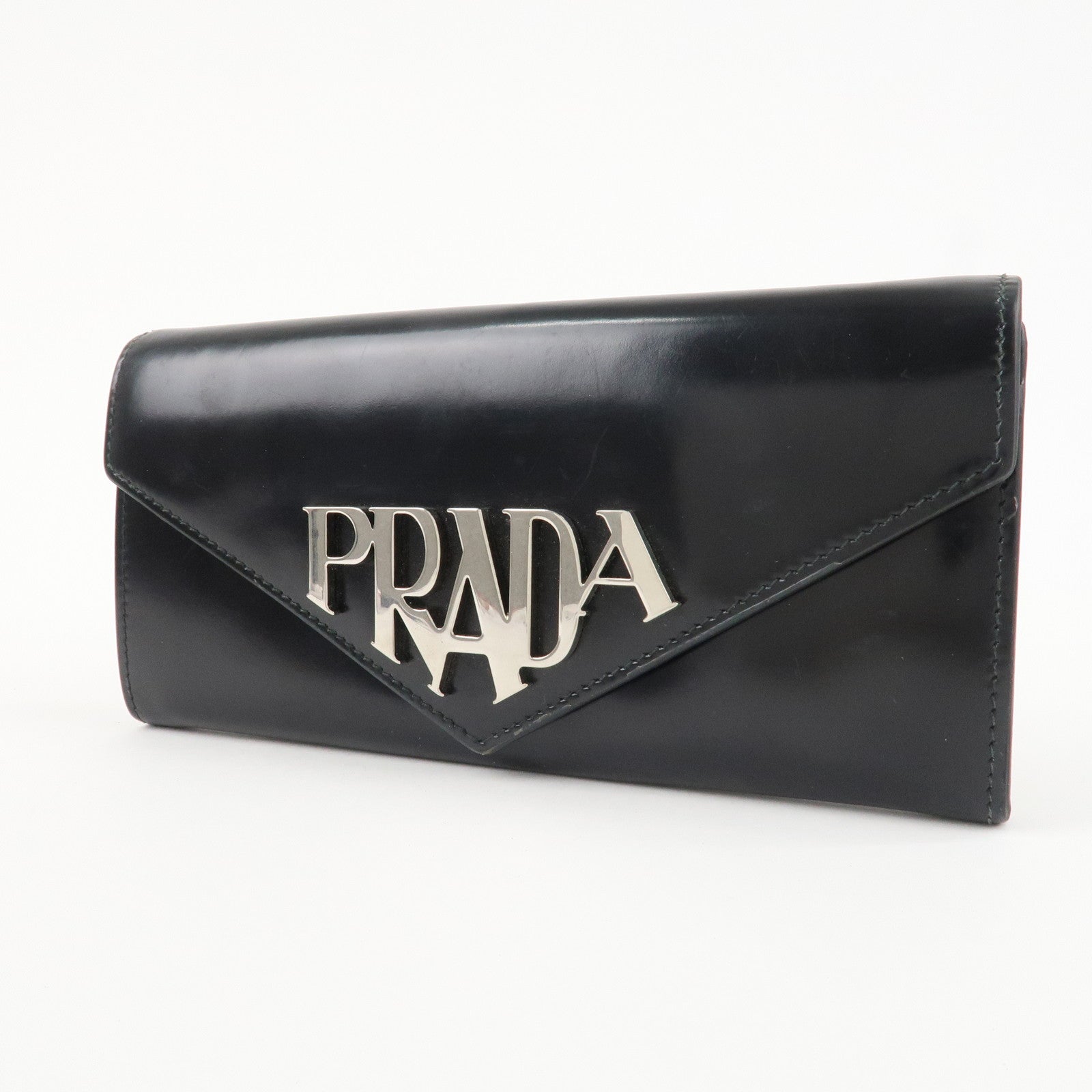 PRADA Leather Bi-Fold Long Wallet Black Silver Hardware 1MH037 Used