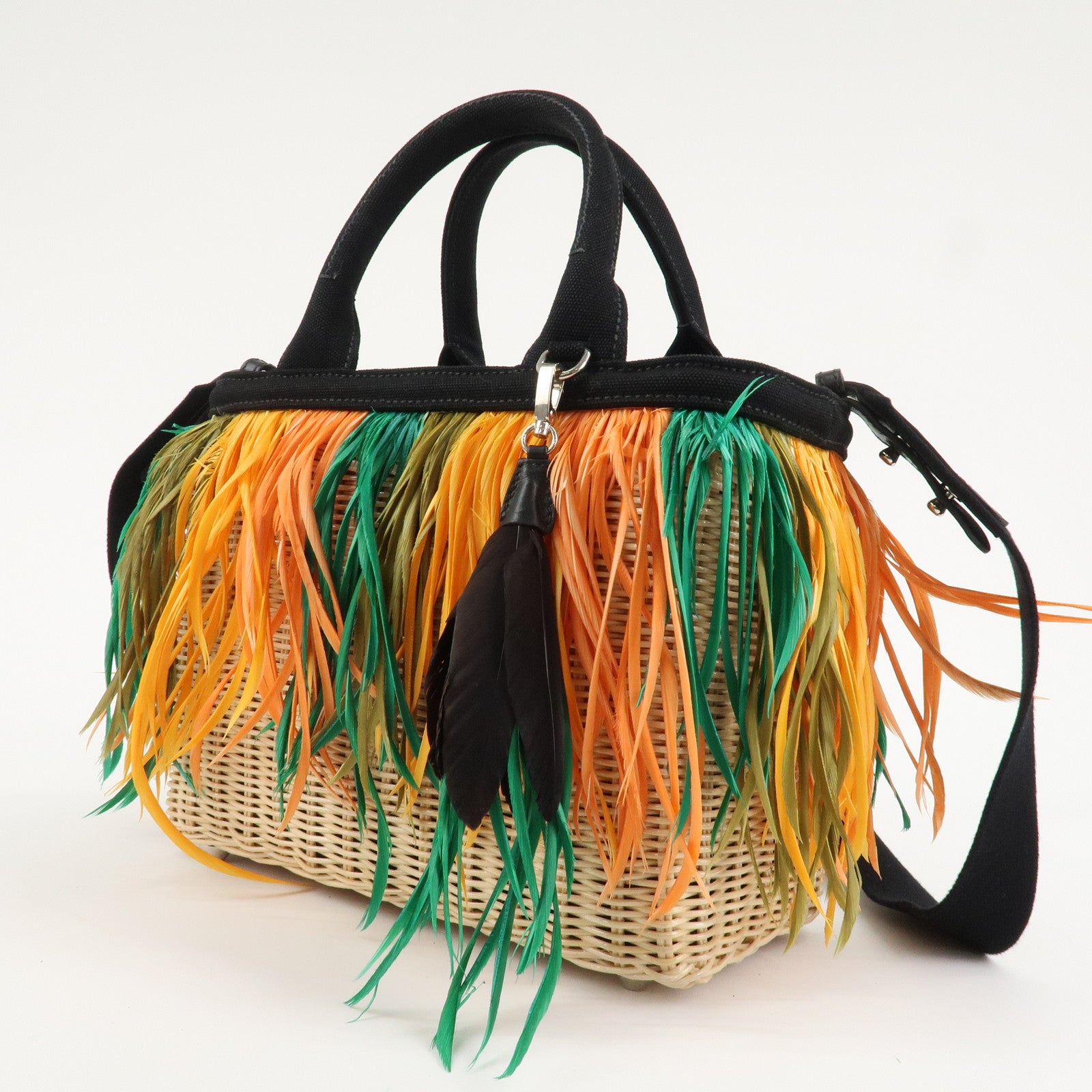 PRADA Wicker Canvas Basket Bag Beige Multicolor Silver HDW 1BG835