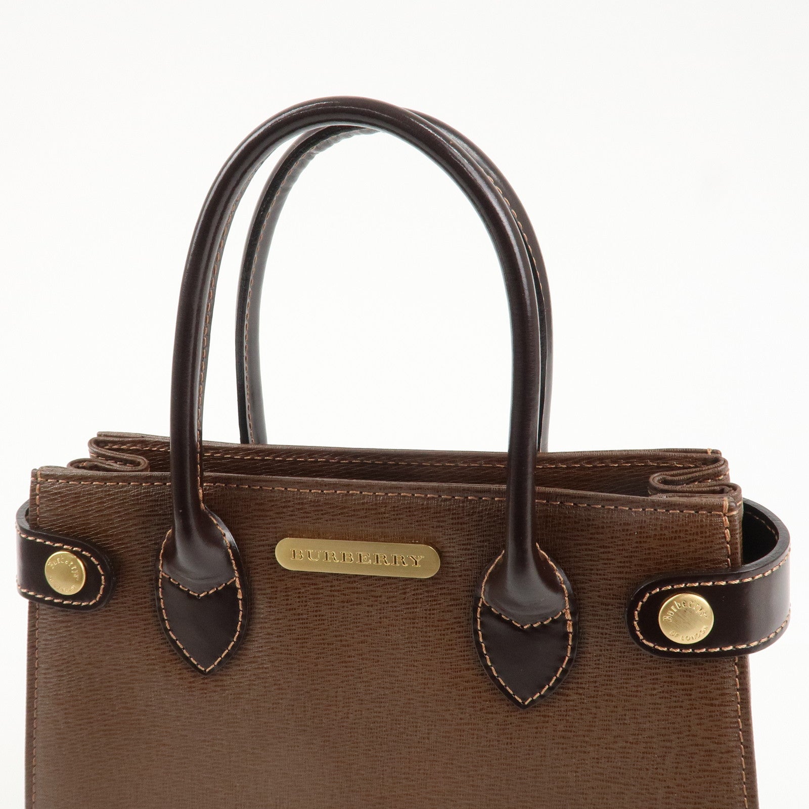 BURBERRY Leather Hand Bag Tote Bag Brown Gold Hardware Used