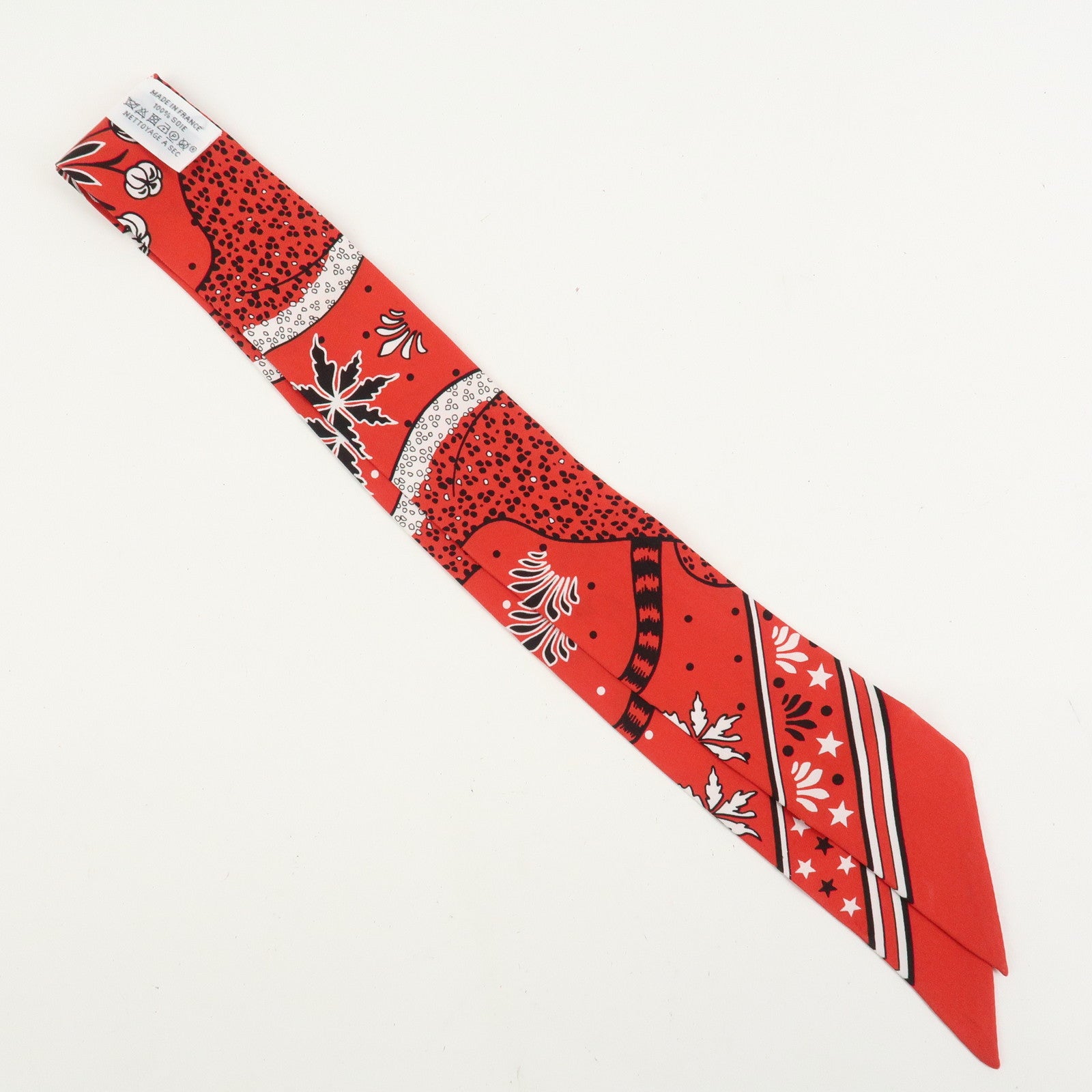 HERMES Twilly Silk 100% Scarf LES LEOPARDS Red Black White