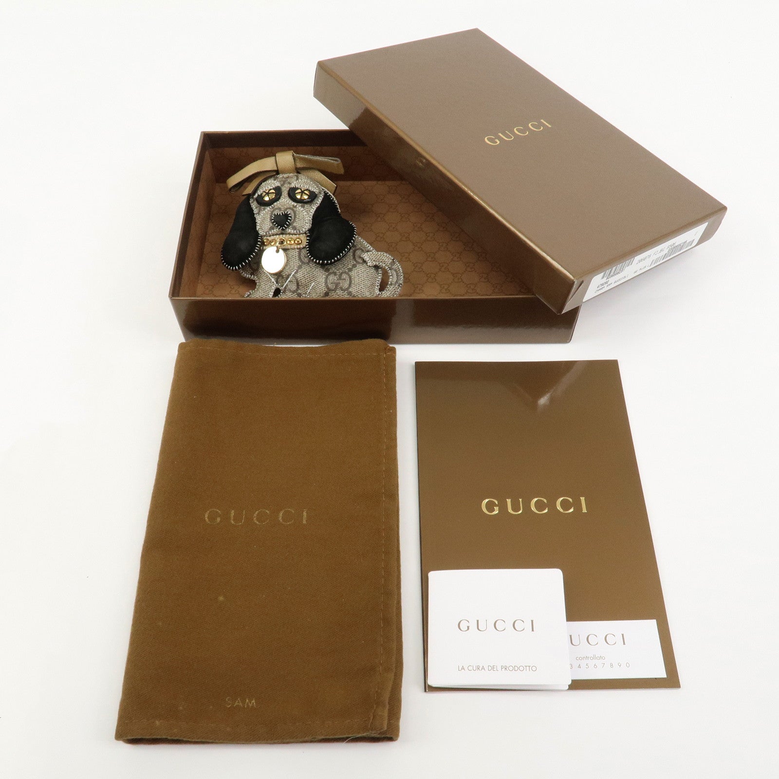 GUCCI GG Plus Suede Leather Bag Charm Key Chain Beige Black 206078