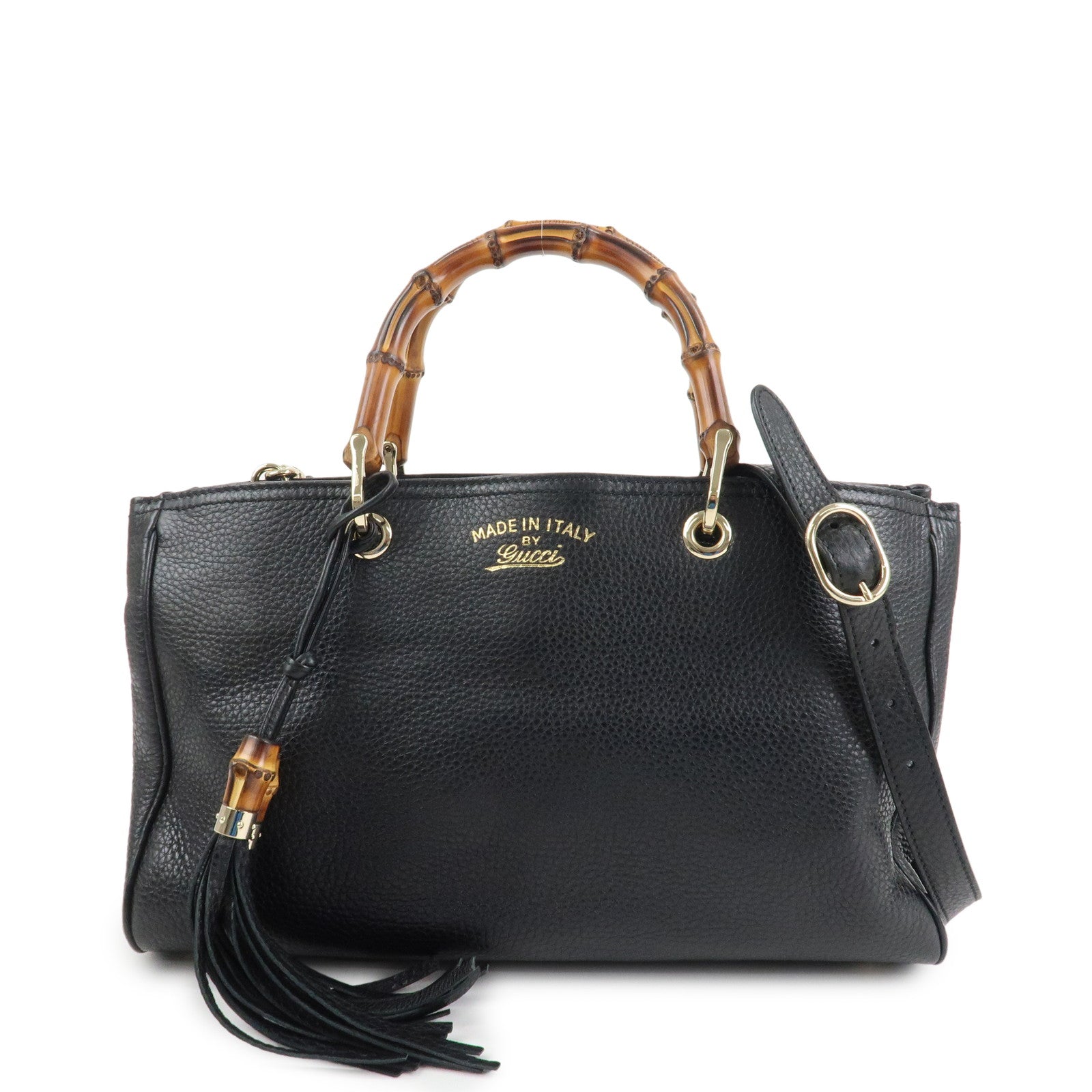 GUCCI Bamboo Leather 2WAY Shopper Medium Tote Bag Black 323660