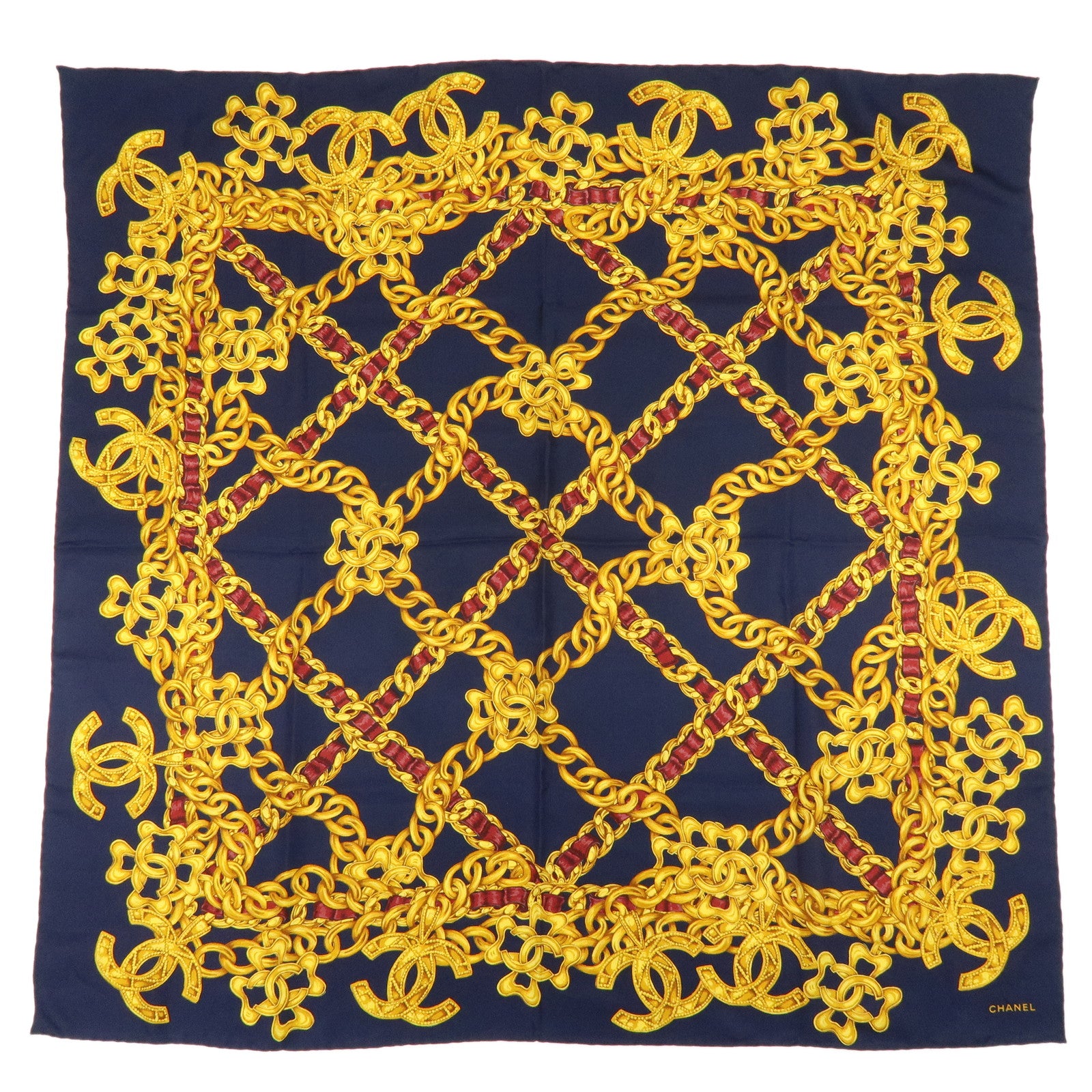 CHANEL Silk 100% Scarf COCO Mark Chain Motif Navy Gold