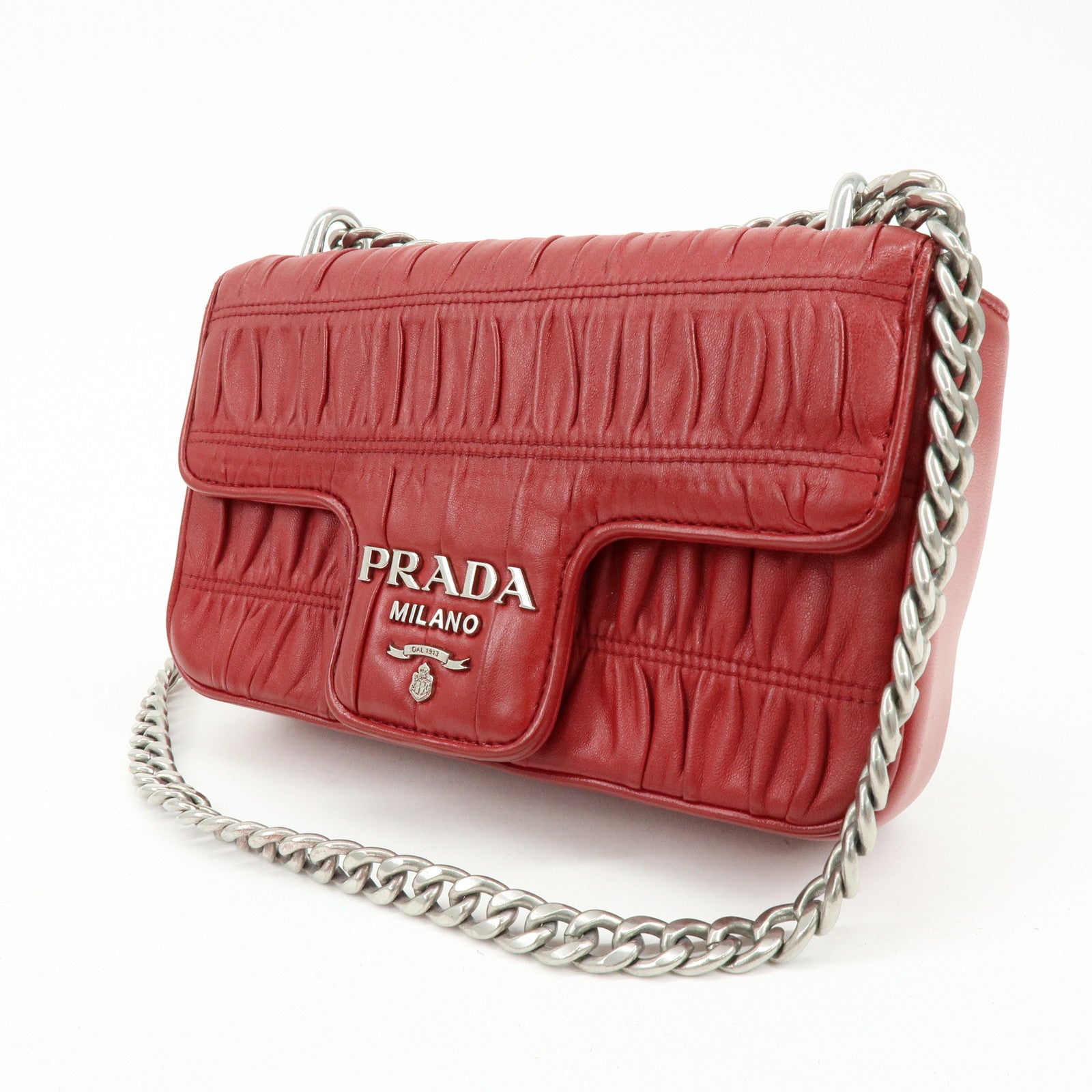 PRADA Nappa Goatskin Leather Chain Shoulder Bag Red 1BD140