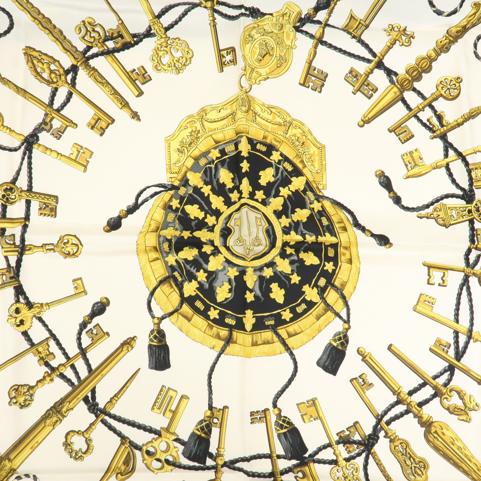 HERMES Carre 90 Silk 100% Scarf LES CLES THE KEYS RARE Black Ivory