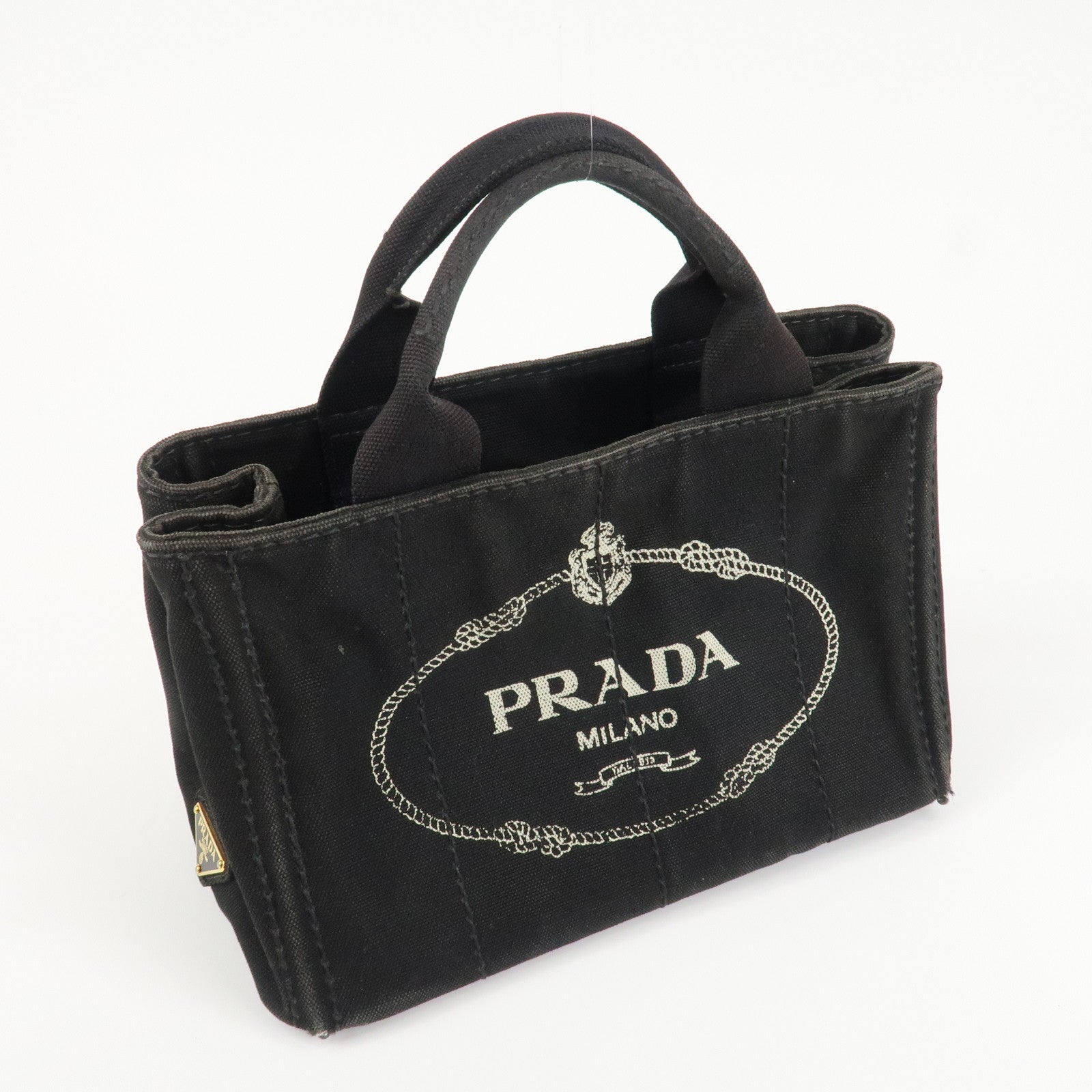 PRADA Logo Canapa Mini Canvas Tote Bag Hand Bag Black BN2439 Used