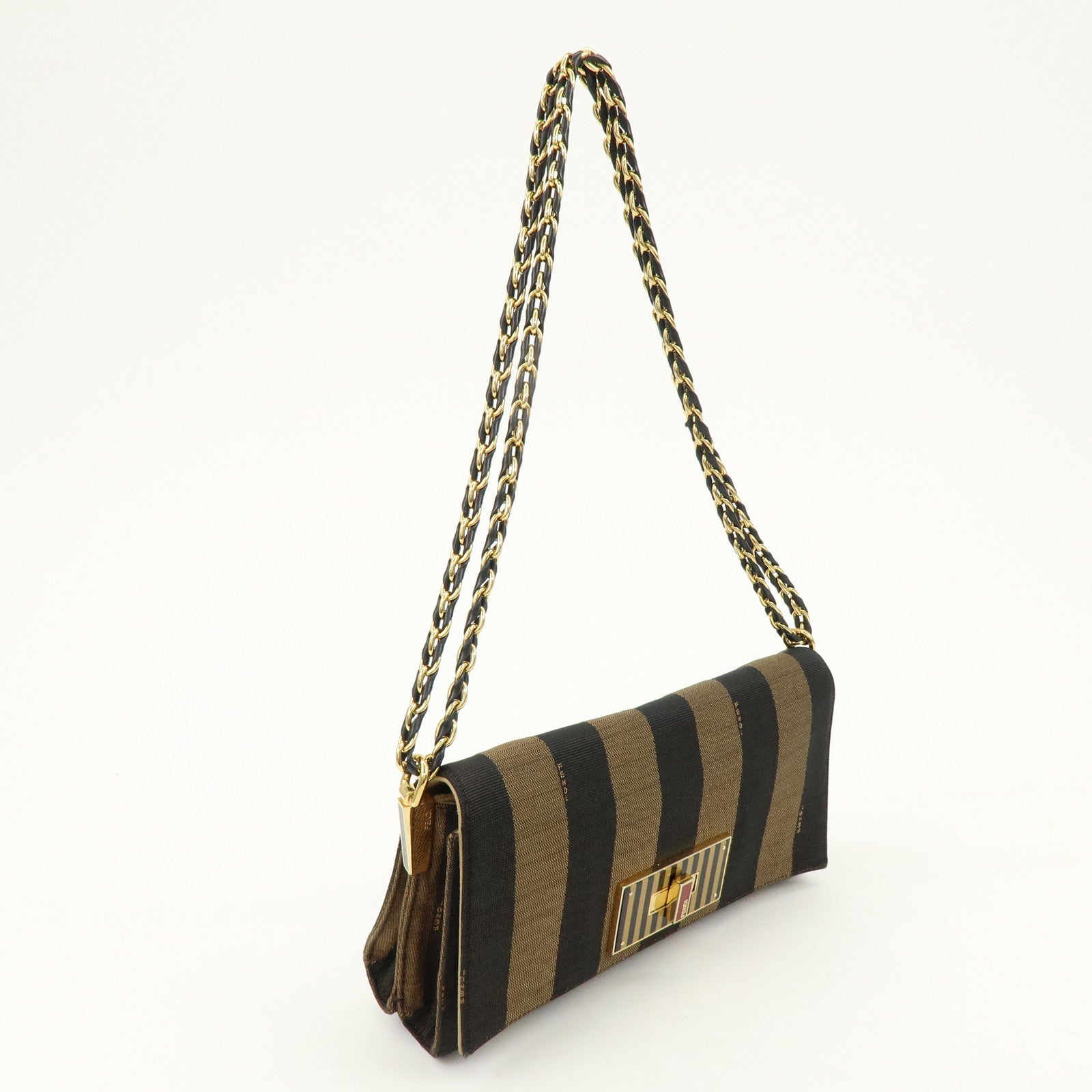 FENDI Pequin Canvas Leather Shoulder Bag Brown Black 8BT204