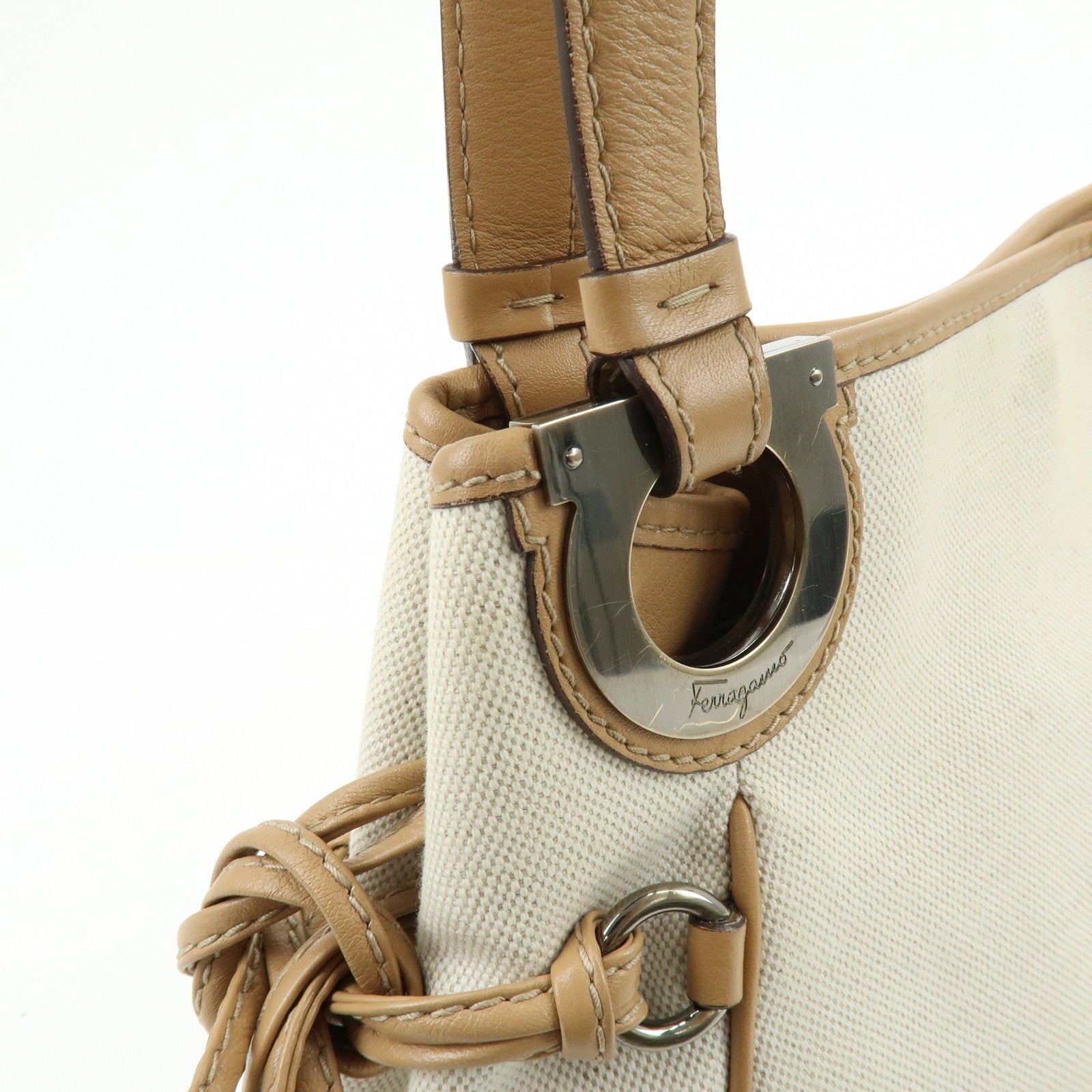 Ferragamo Gancini Canvas Leather Tote Bag Shoulder Bag Natural