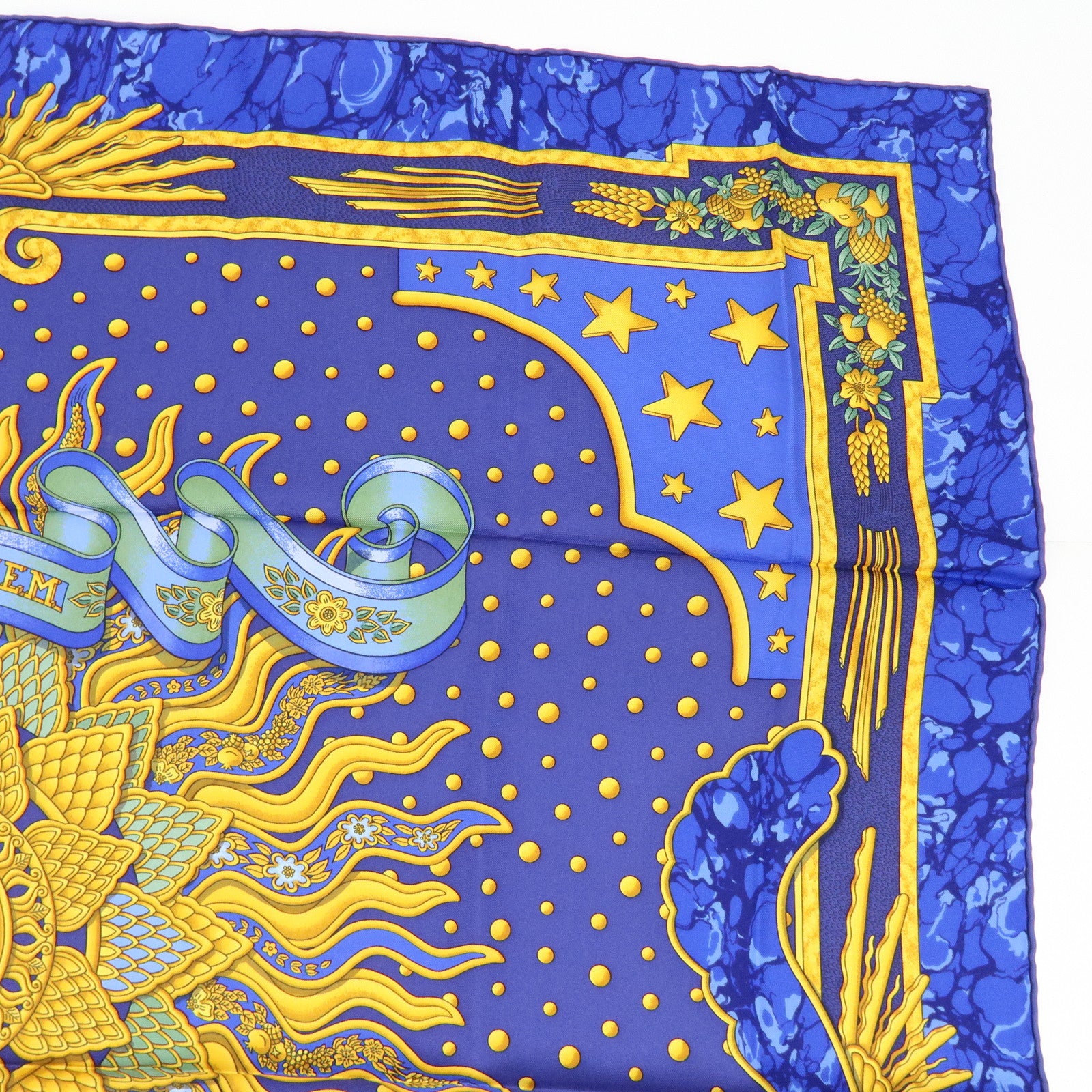 HERMES Carre 90 Silk 100% Scarf CARPE DIEM Blue Yellow