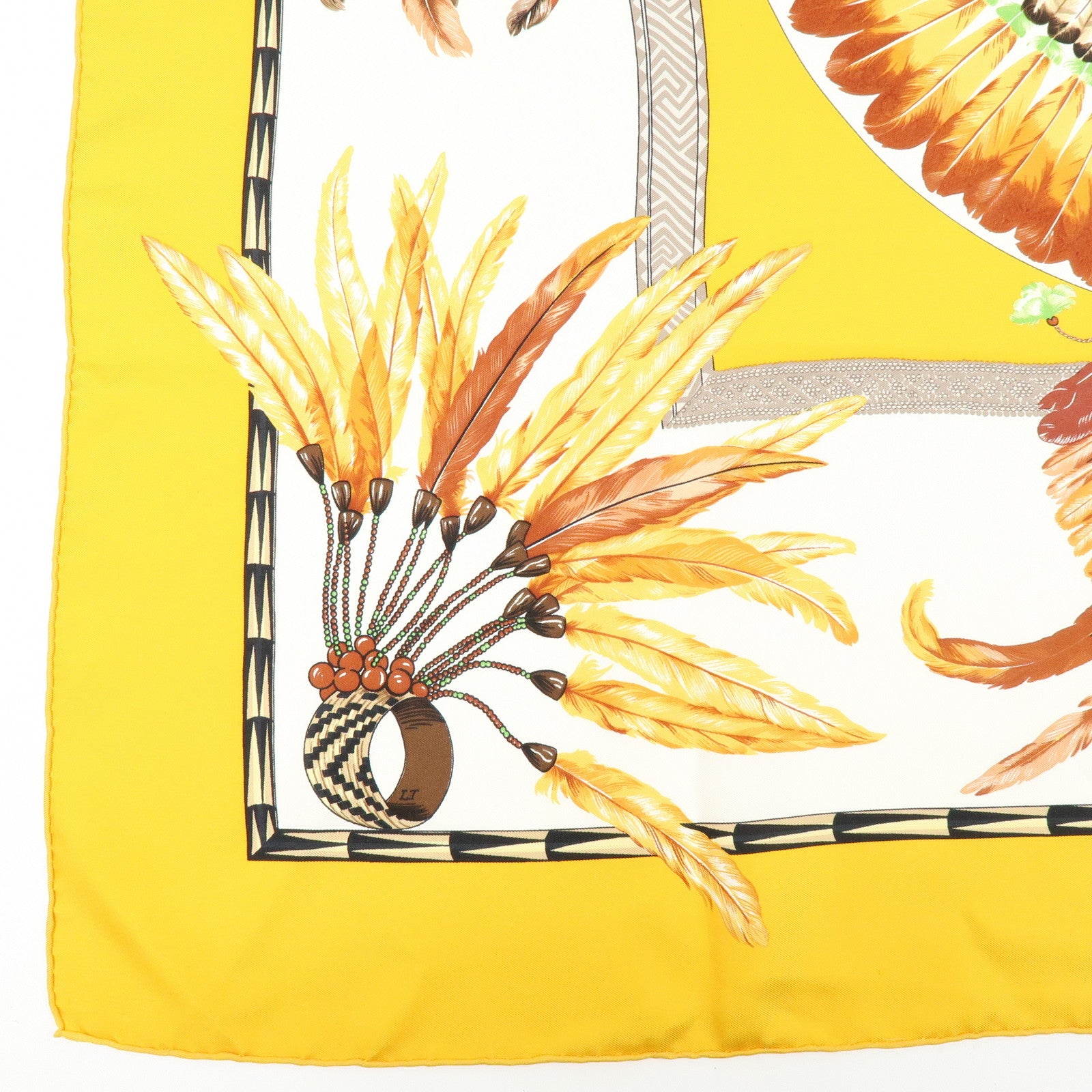 HERMES Carre 90 Silk 100% Scarf Brazil Yellow Brown