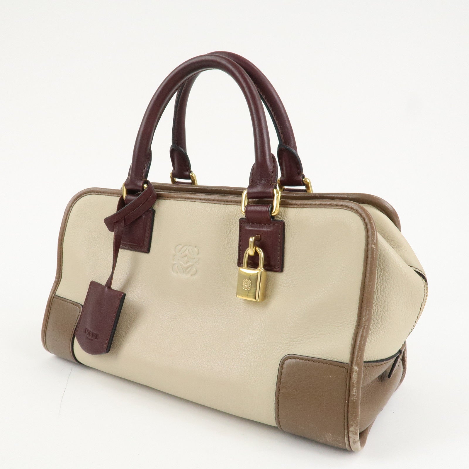 LOEWE Anagram Amazona 28 Leather Hand Bag Brown Ivory Bordeaux Used