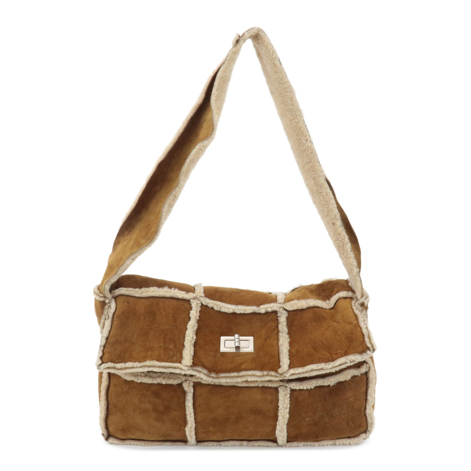 CHANEL Chocolate Bar Suede Mouton Shoulder Bag Hand Bag Brown Used