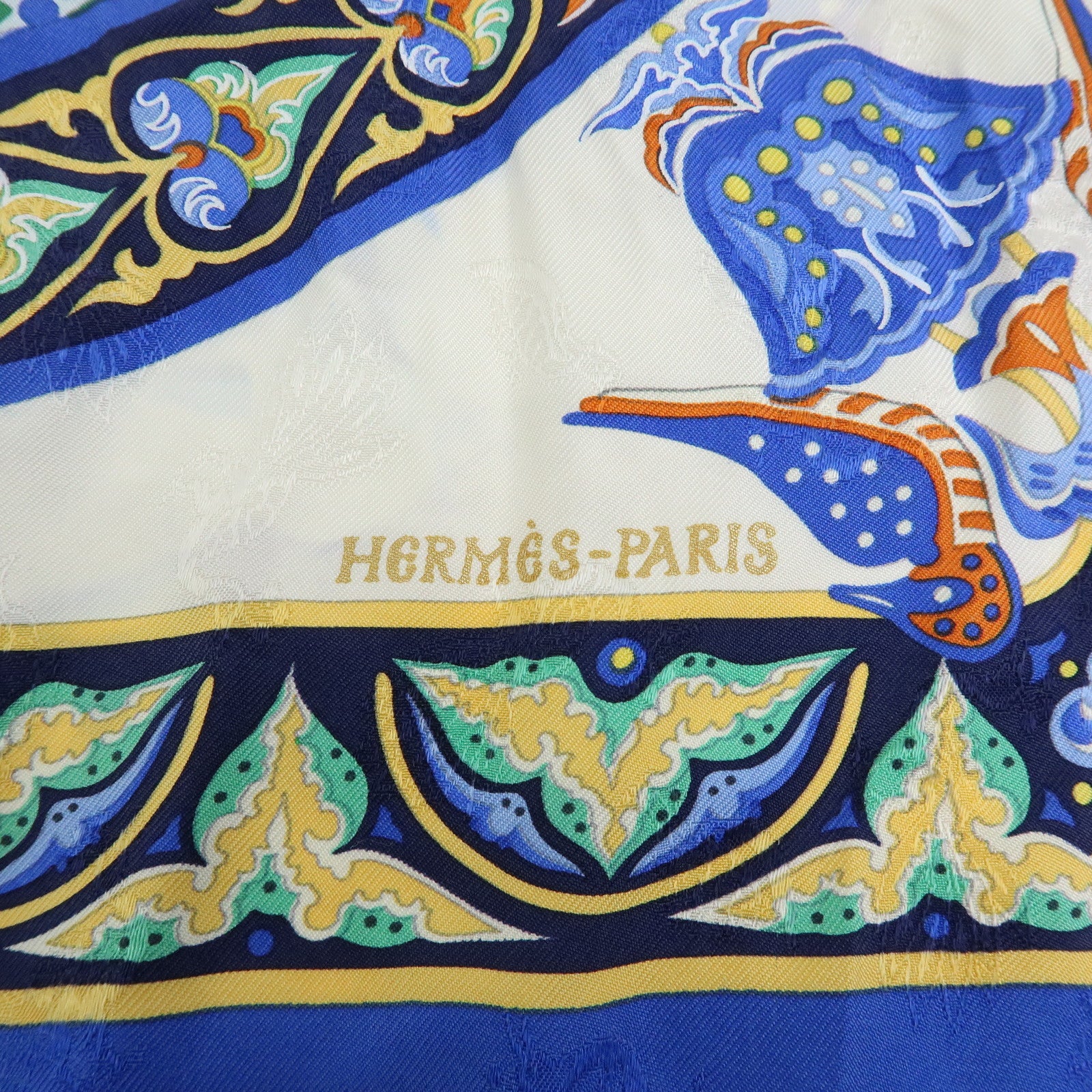 HERMES Carre 90 Silk 100% CIELS BYZANTINS Scarf Blue Gold