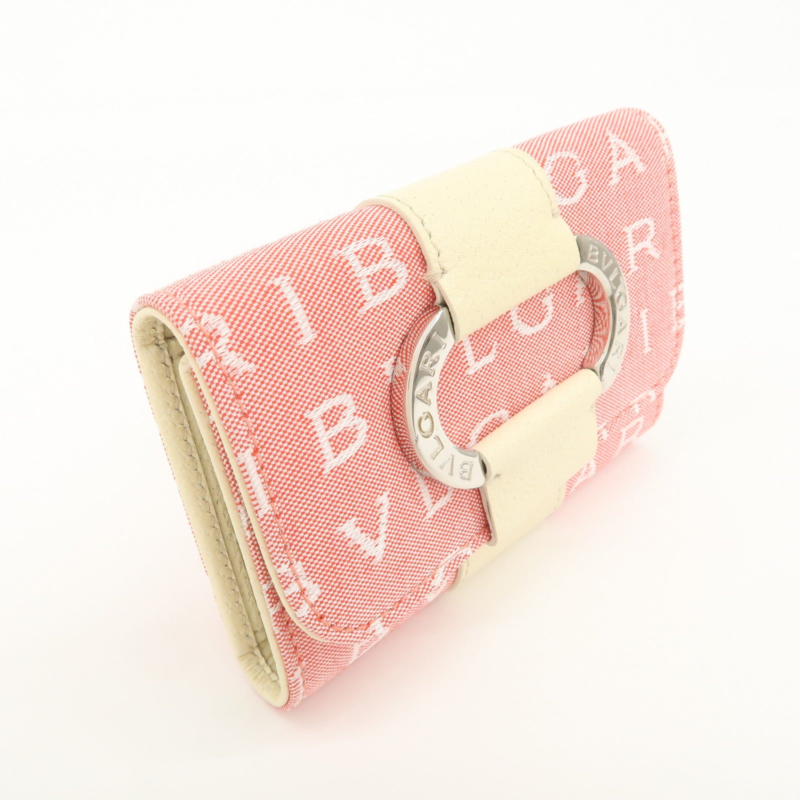 BVLGARI Logo Maniac Canvas Leather 6 Key Case Coin Case Pink White Used