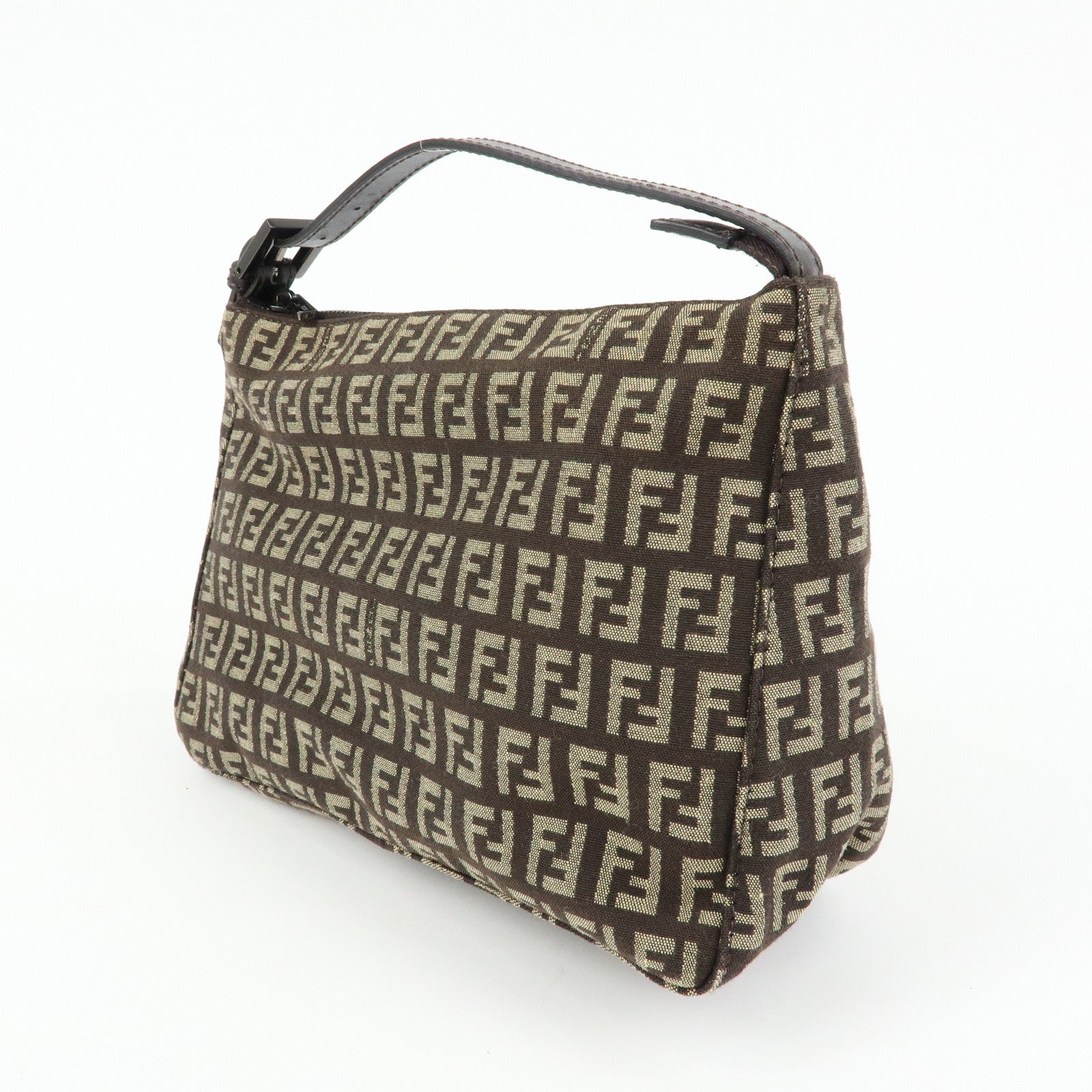 FENDI Zucchino Canvas Leather Hand Bag Pouch Brown 8N0005
