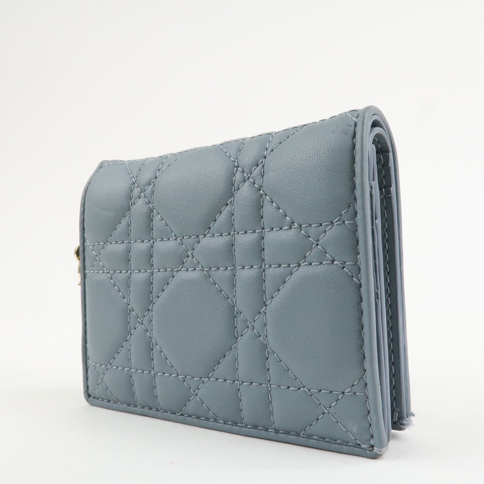 Christian Dior Cannage Leather Gardenia Wallet Gold Charm Blue Used