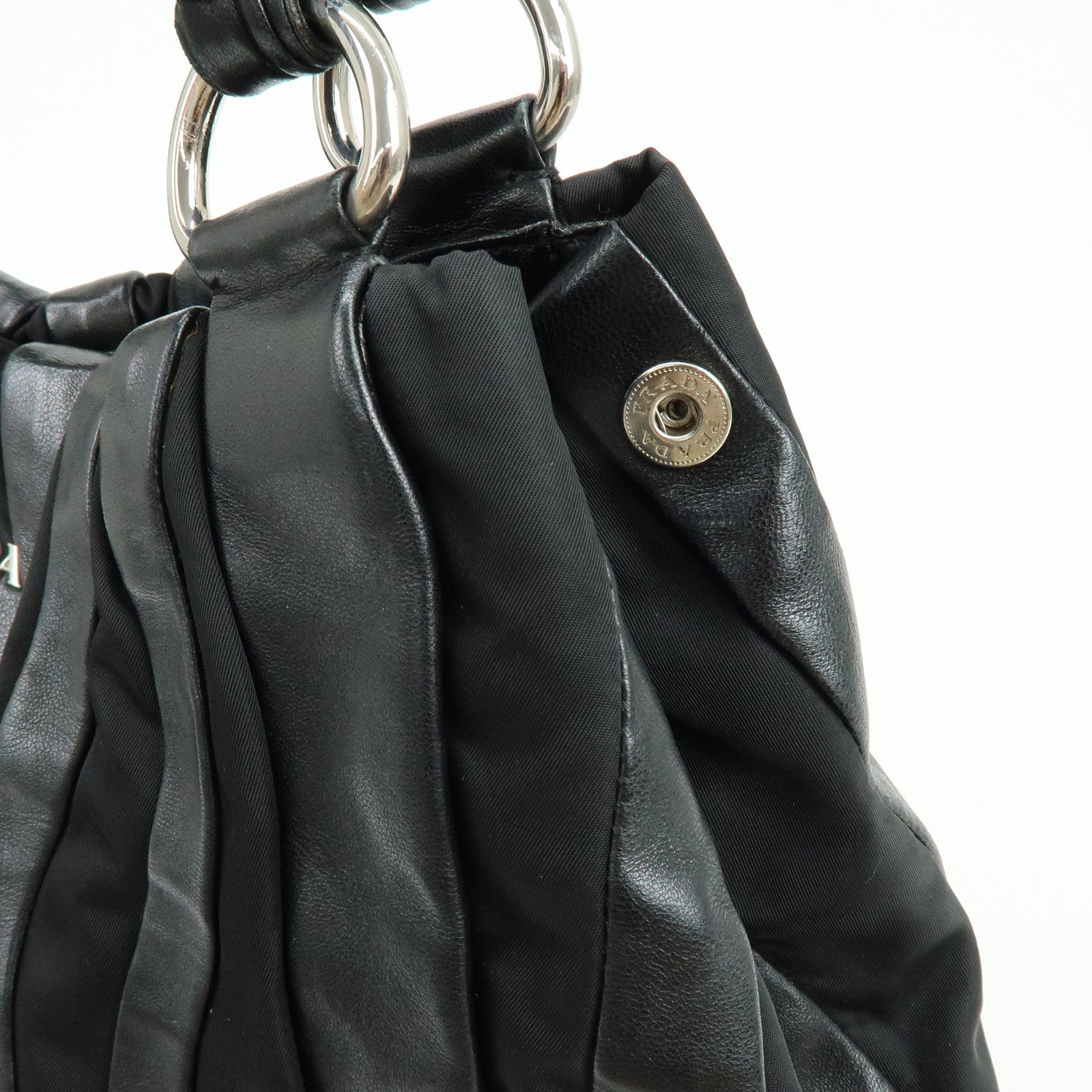 PRADA Logo Leather Nylon Tote Bag Shoulder Bag Black BR3994