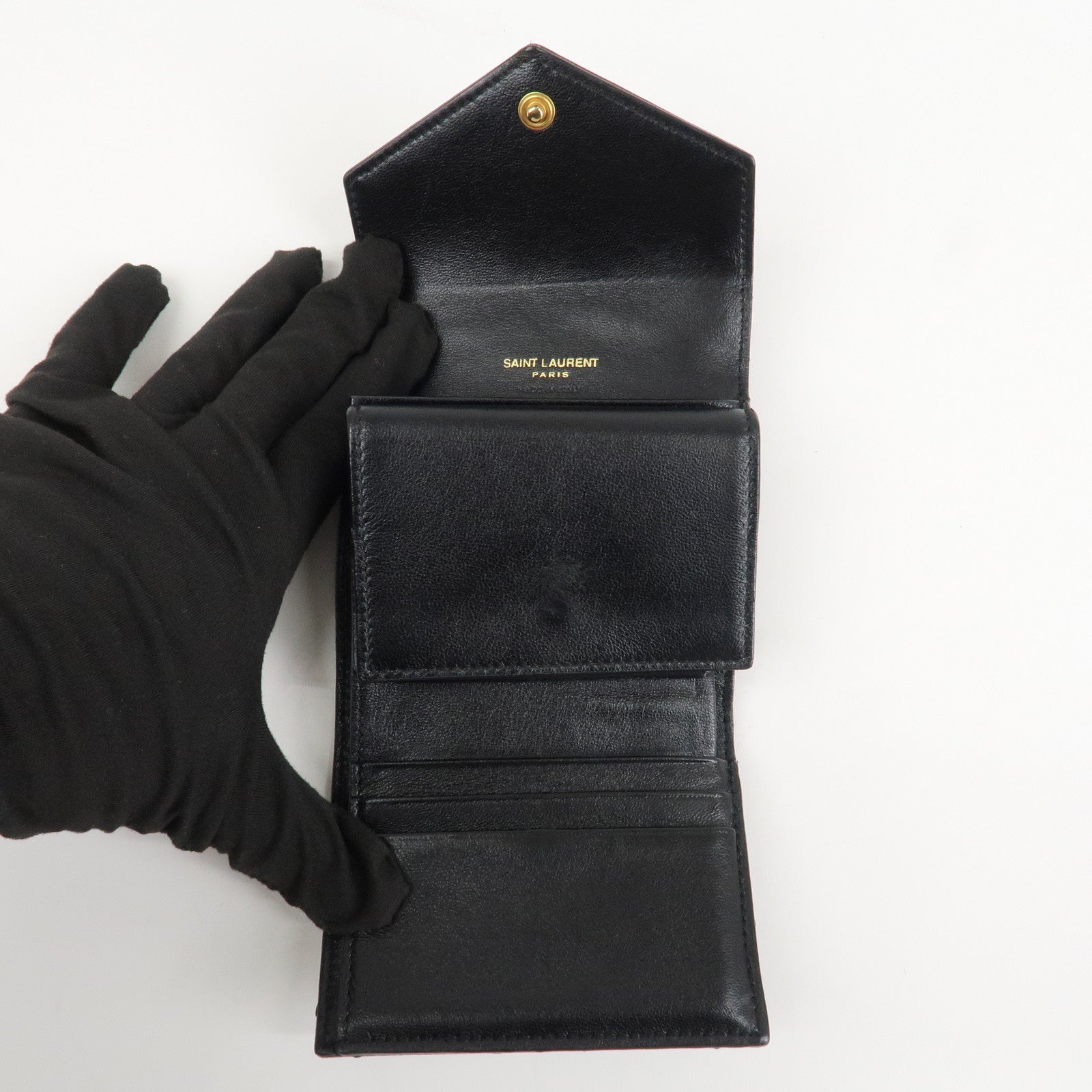 SAINT LAURENT Cassandra Leather Compact Wallet Black