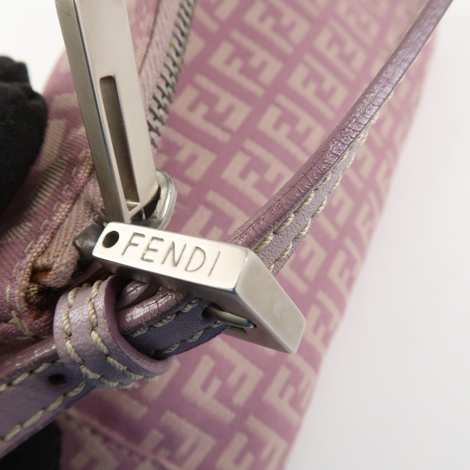 FENDI Zucchino Canvas Leather Shoulder Bag Pink 8BR267 Used