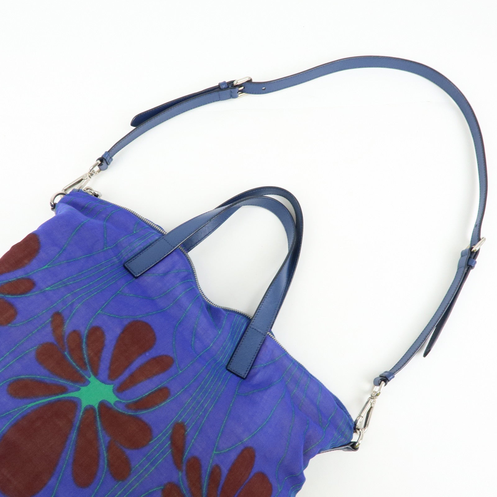 PRADA Triangle Logo Linen Leather 2Way Bag Flower Motif Blue BR4696