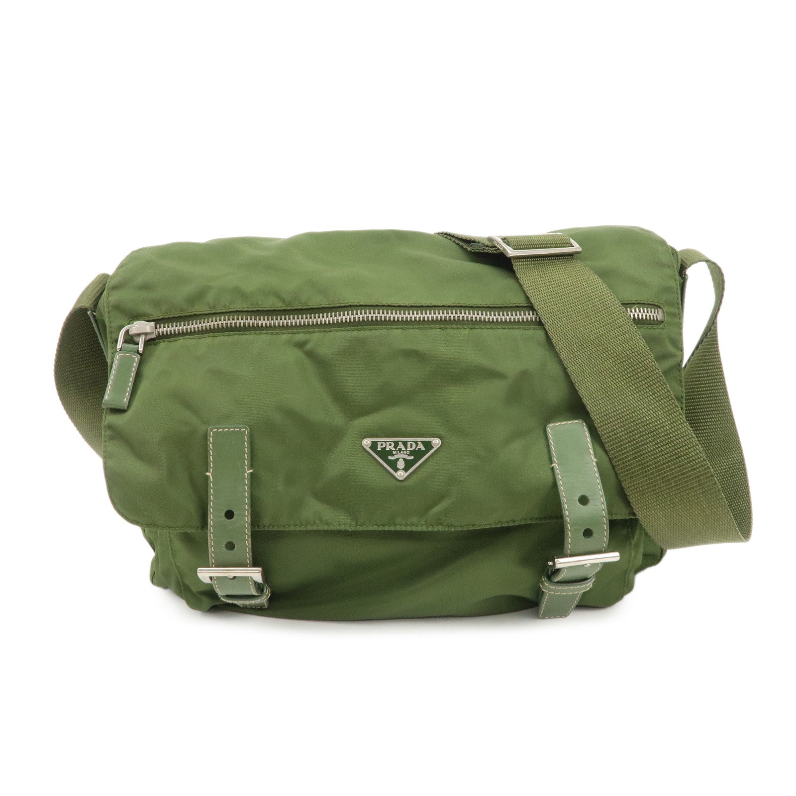 PRADA Triangle Logo Nylon Shoulder Bag Crossbody Bag Green Used