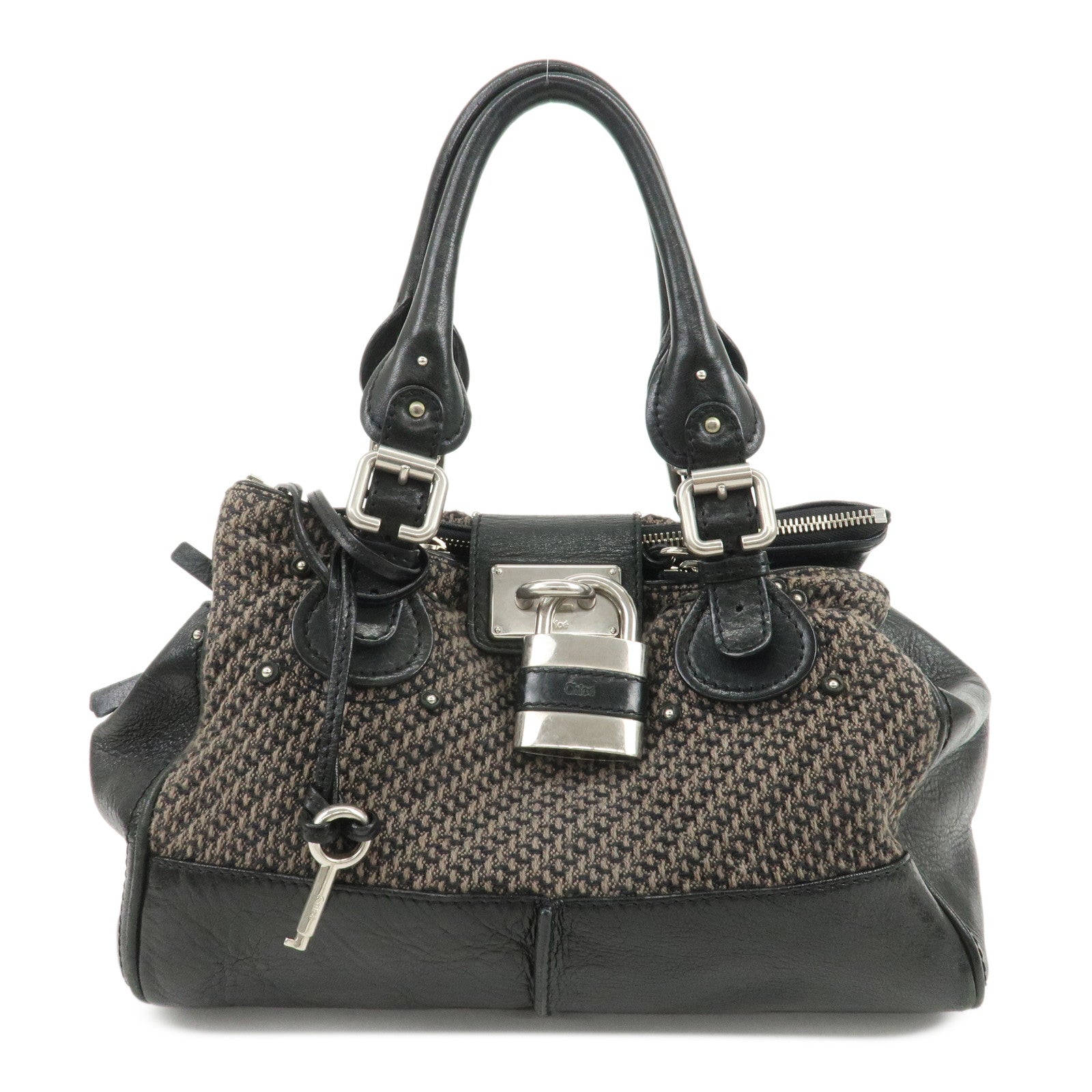Chloe Paddington Leather Canvas Shoulder Bag Black Gray