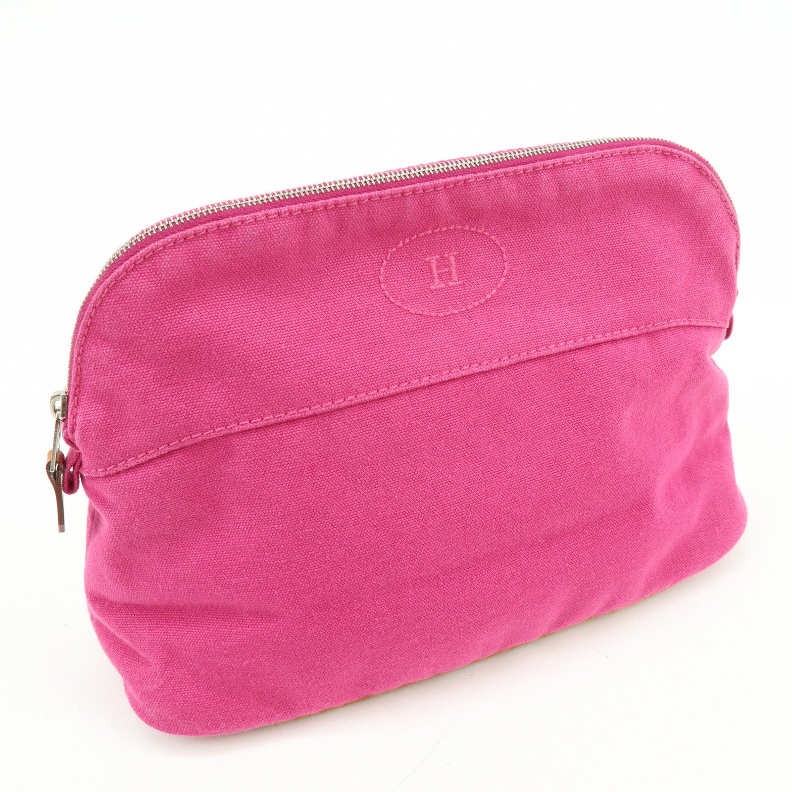 HERMES Bolide Pouch MM Cotton Leather Cosmetic Makeup Pouch Pink