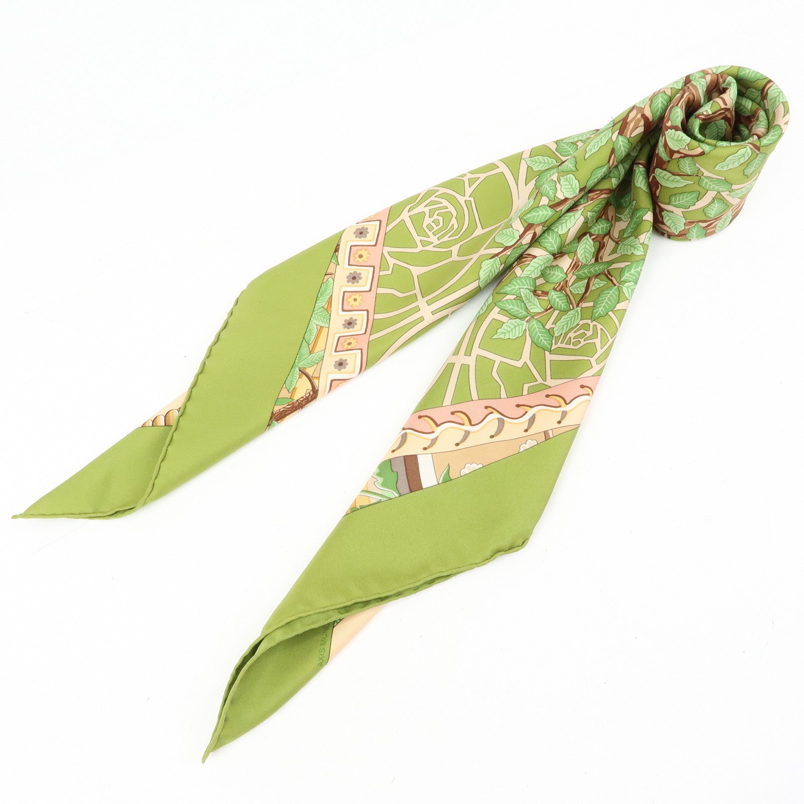 HERMES Carre 90 Silk 100% Scarf AXIS MUNDI Green Brown