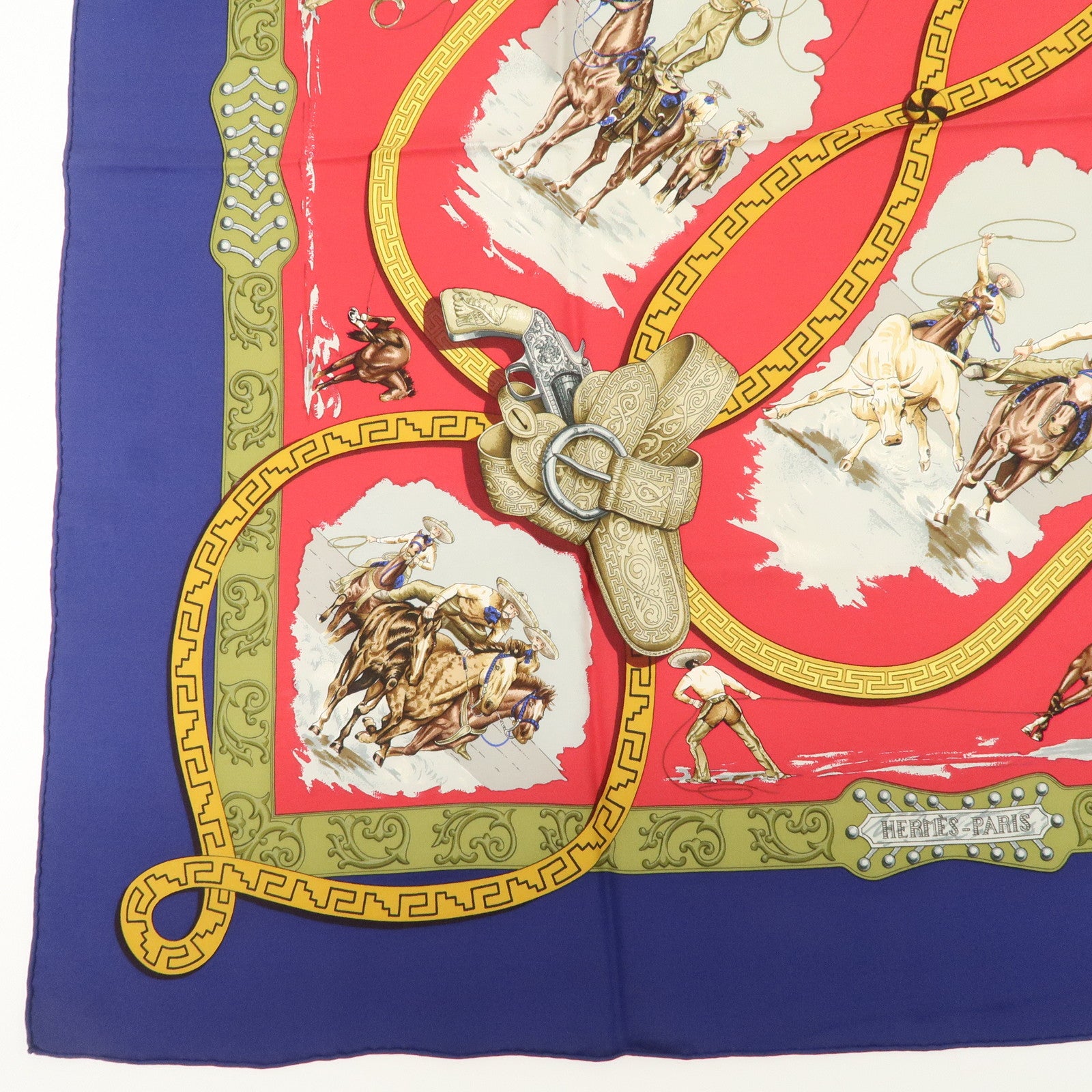 HERMES Carre 90 Silk 100% Scarf CHARREADA Gold Navy Red