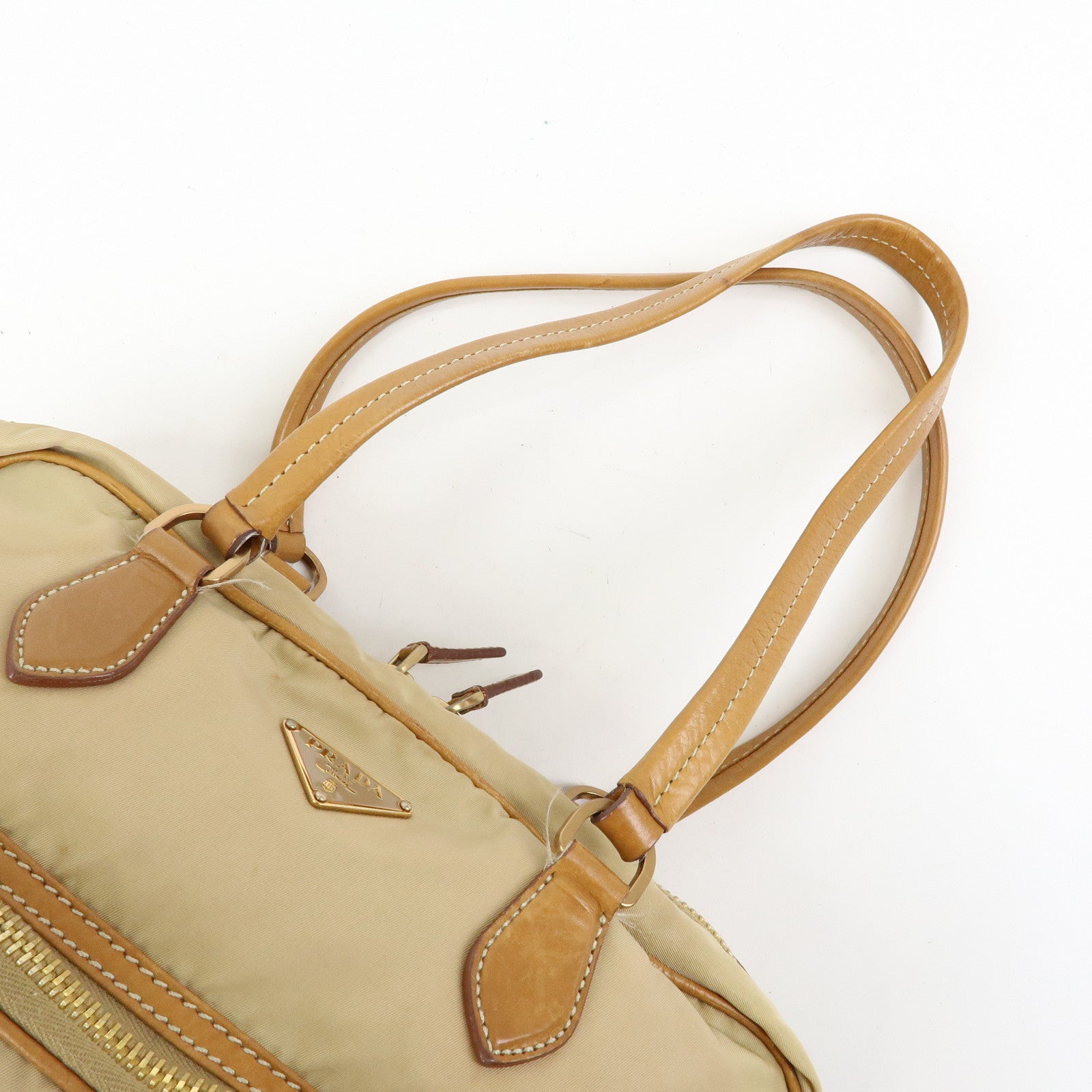 PRADA Triangle Logo Nylon Leather Shoulder Hand Bag Beige Brown
