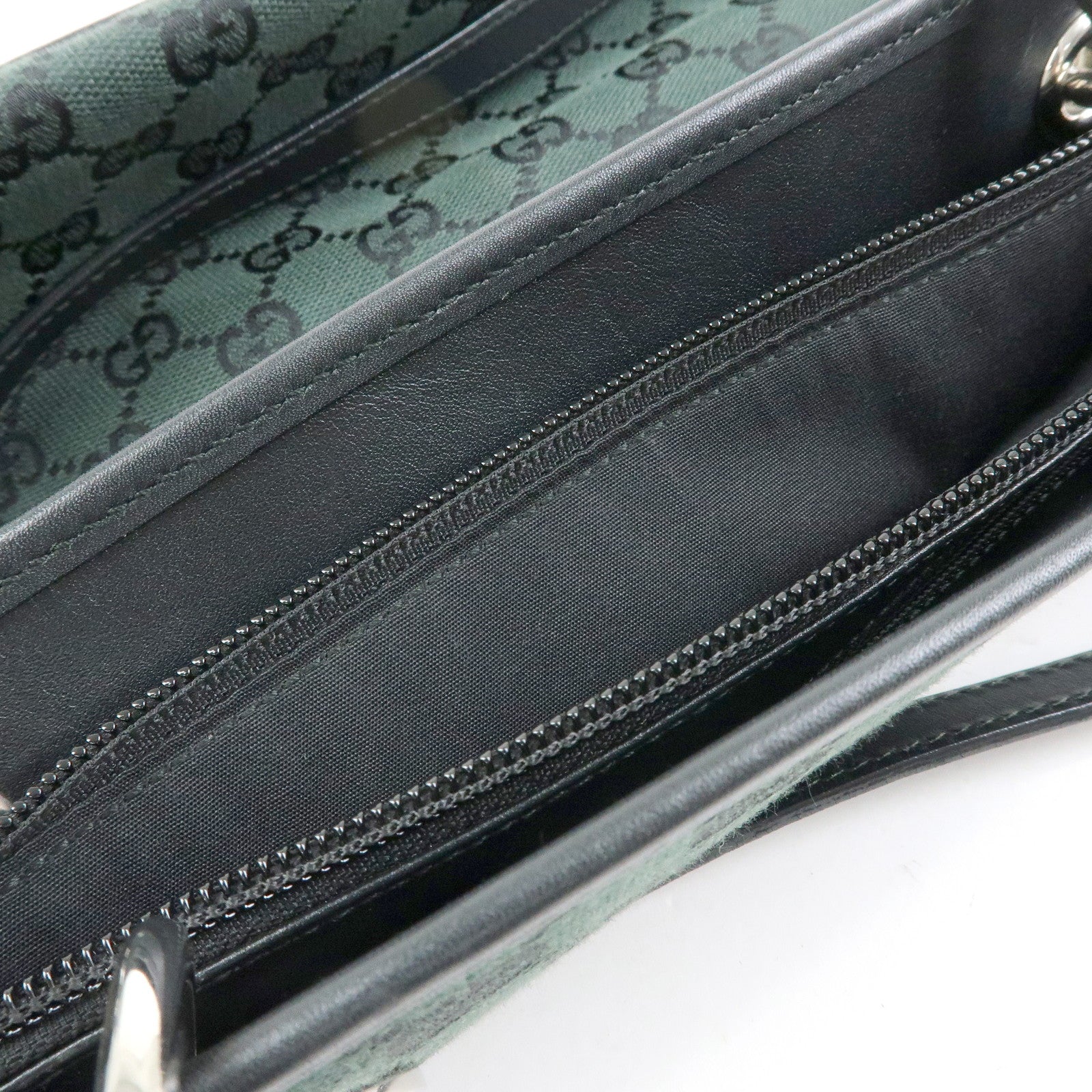 GUCCI GG Canvas Leather Tote Bag Hand Bag Green Black 285583