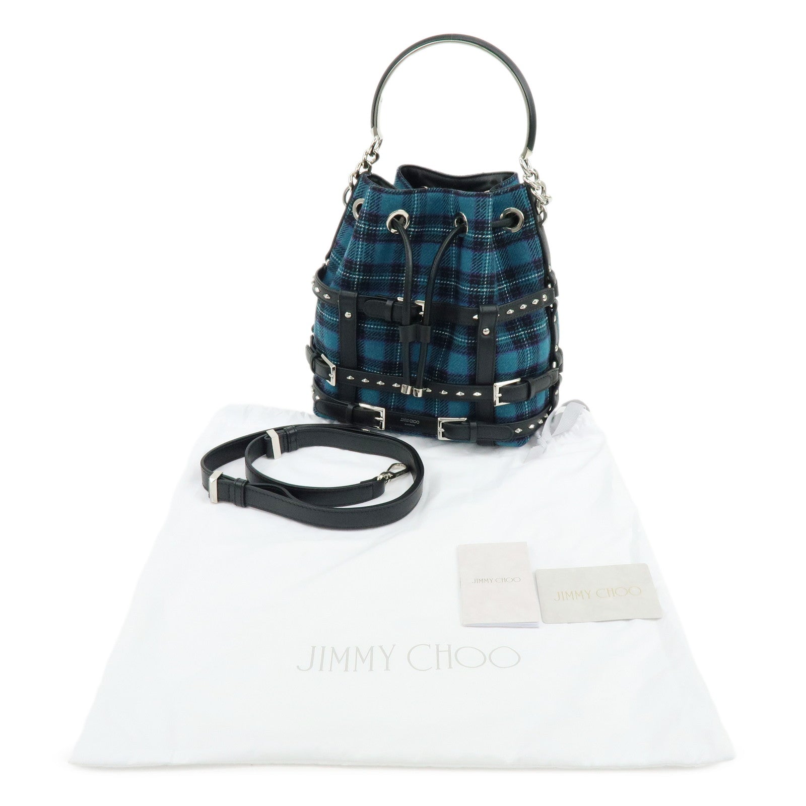 JIMMY CHOO Bonbon Bucket Canvas Leather 2Way Shoulder Bag Blue