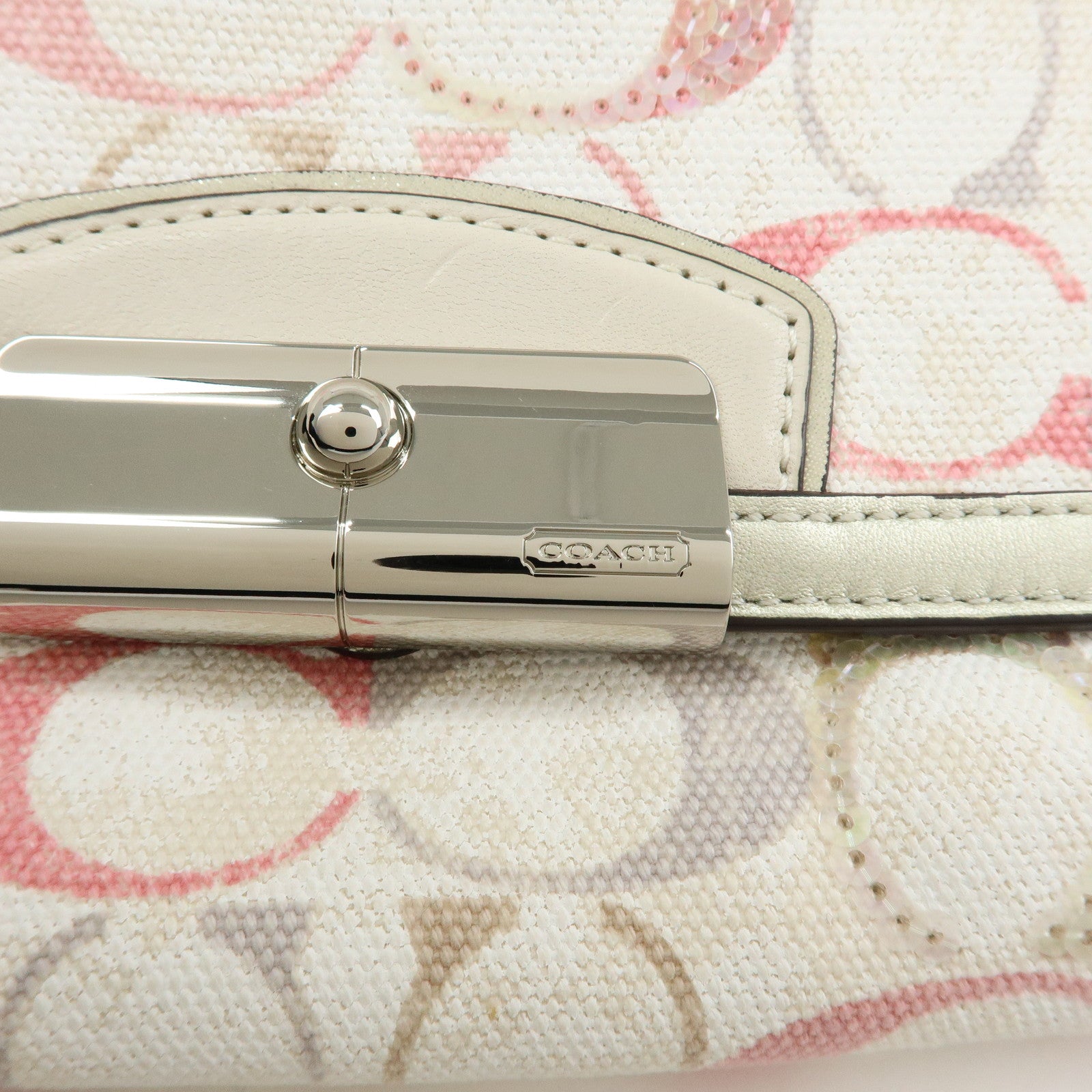 COACH Signature Canvas Sequins Leather Hand Bag Beige Light Gold