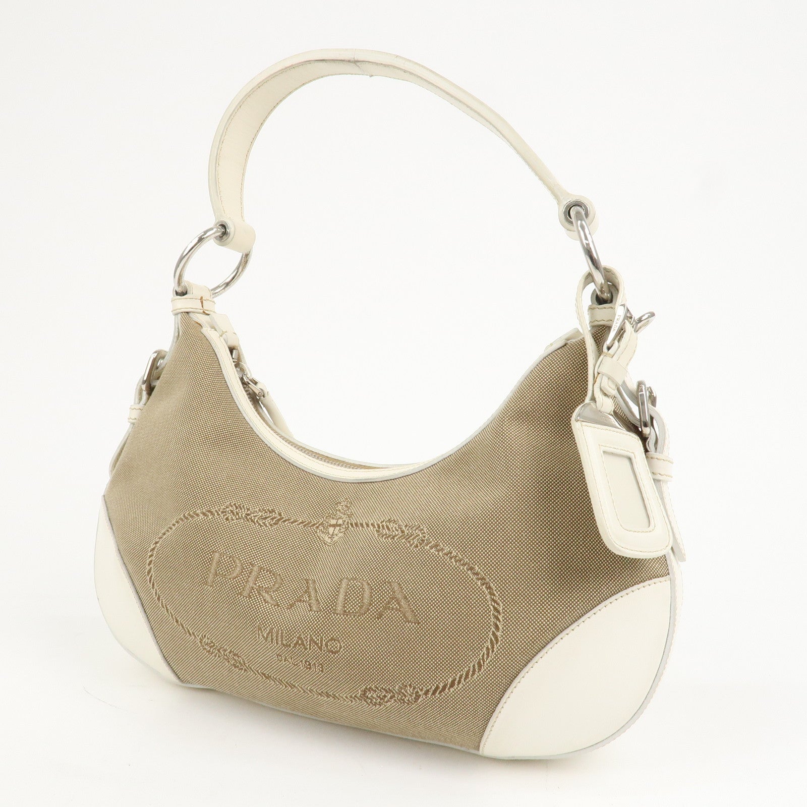 PRADA Logo Canvas Leather Shoulder Bag Hand Bag Beige White BR3429